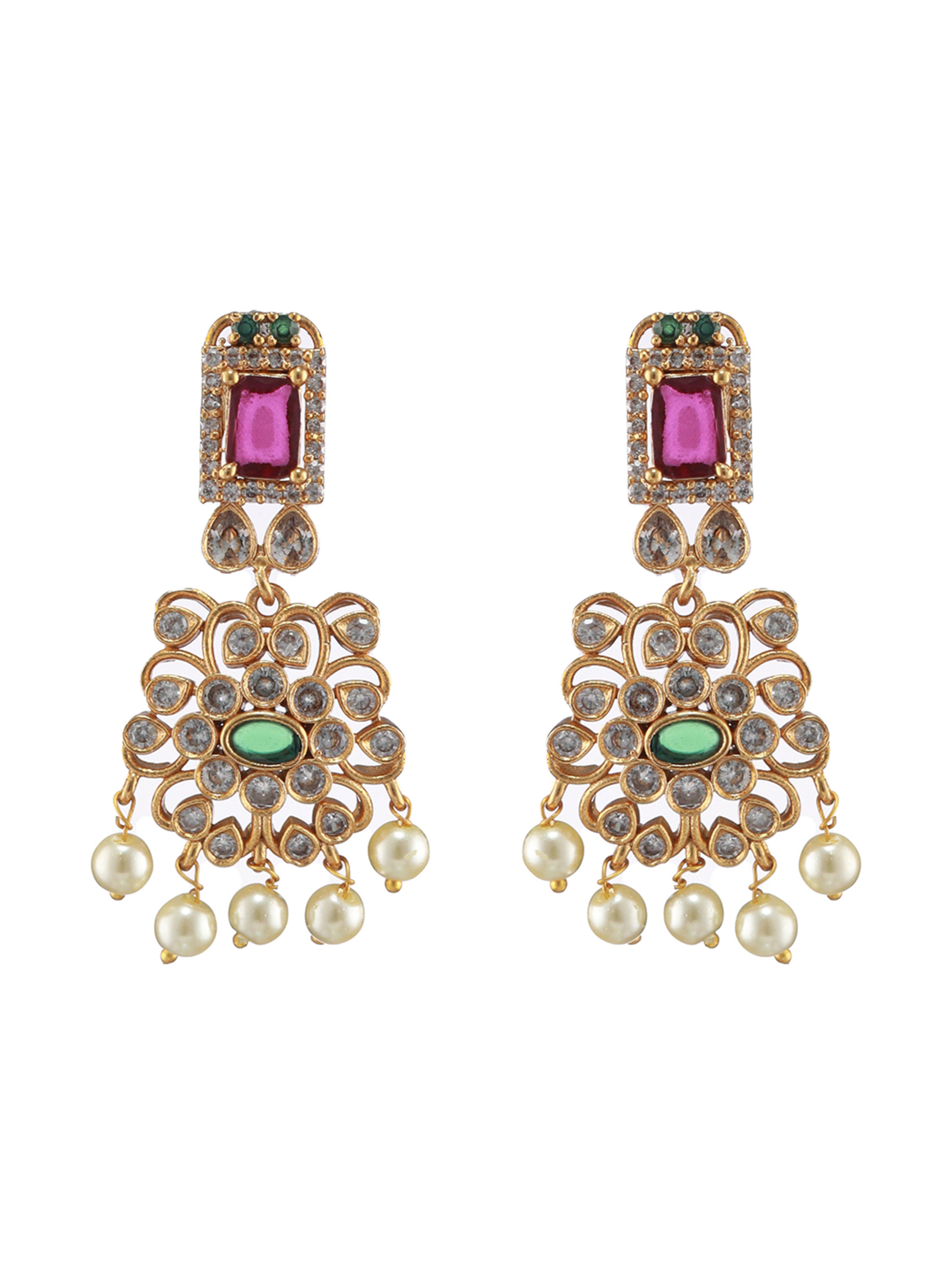 Gold-Plated American Diamond Studded Ruby & Emerald Stone Temple Choker Jewellery Set - Jazzandsizzle