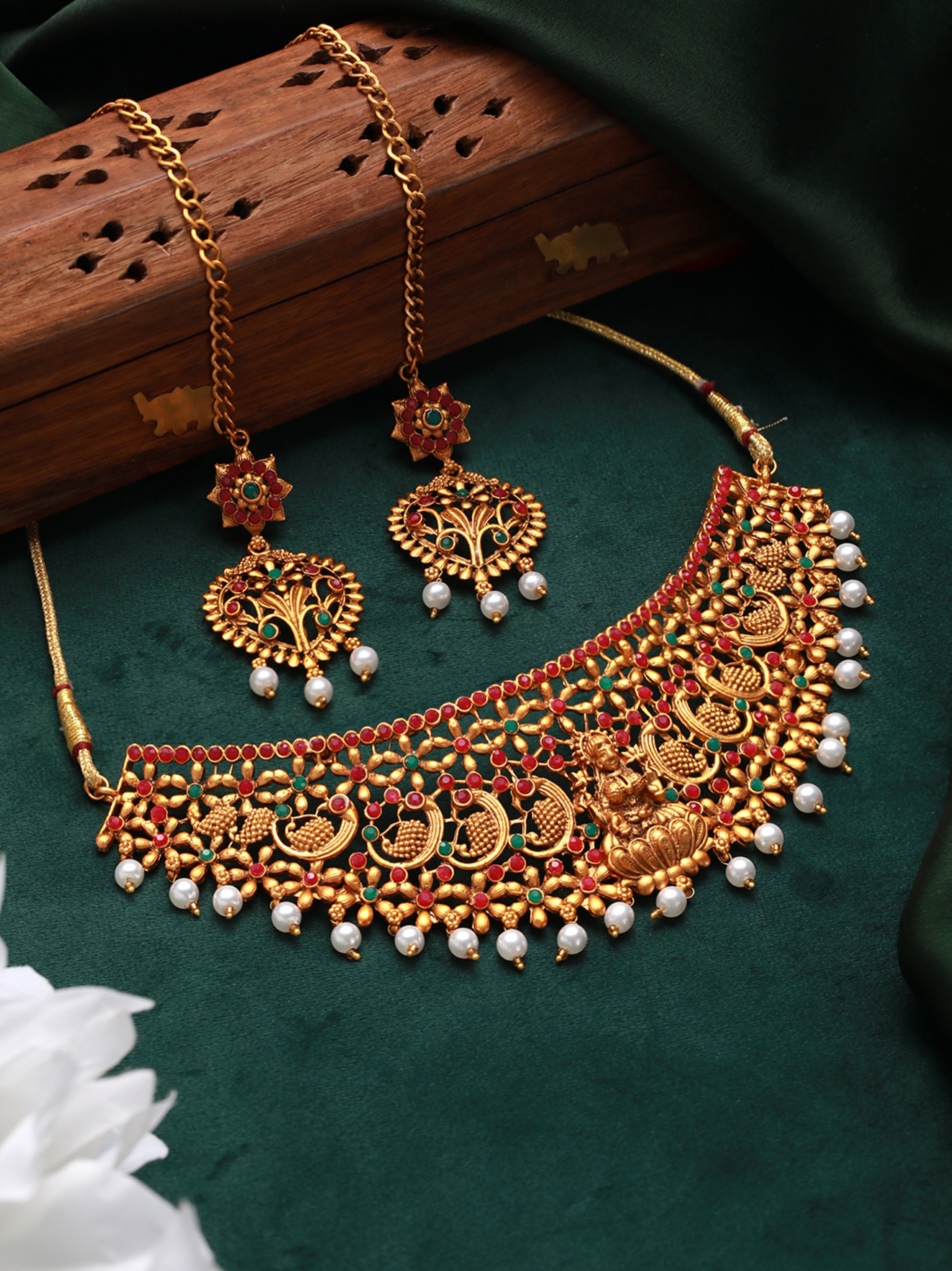 Gold-Plated Red & Green Stone-Studded Temple Choker Set - Jazzandsizzle