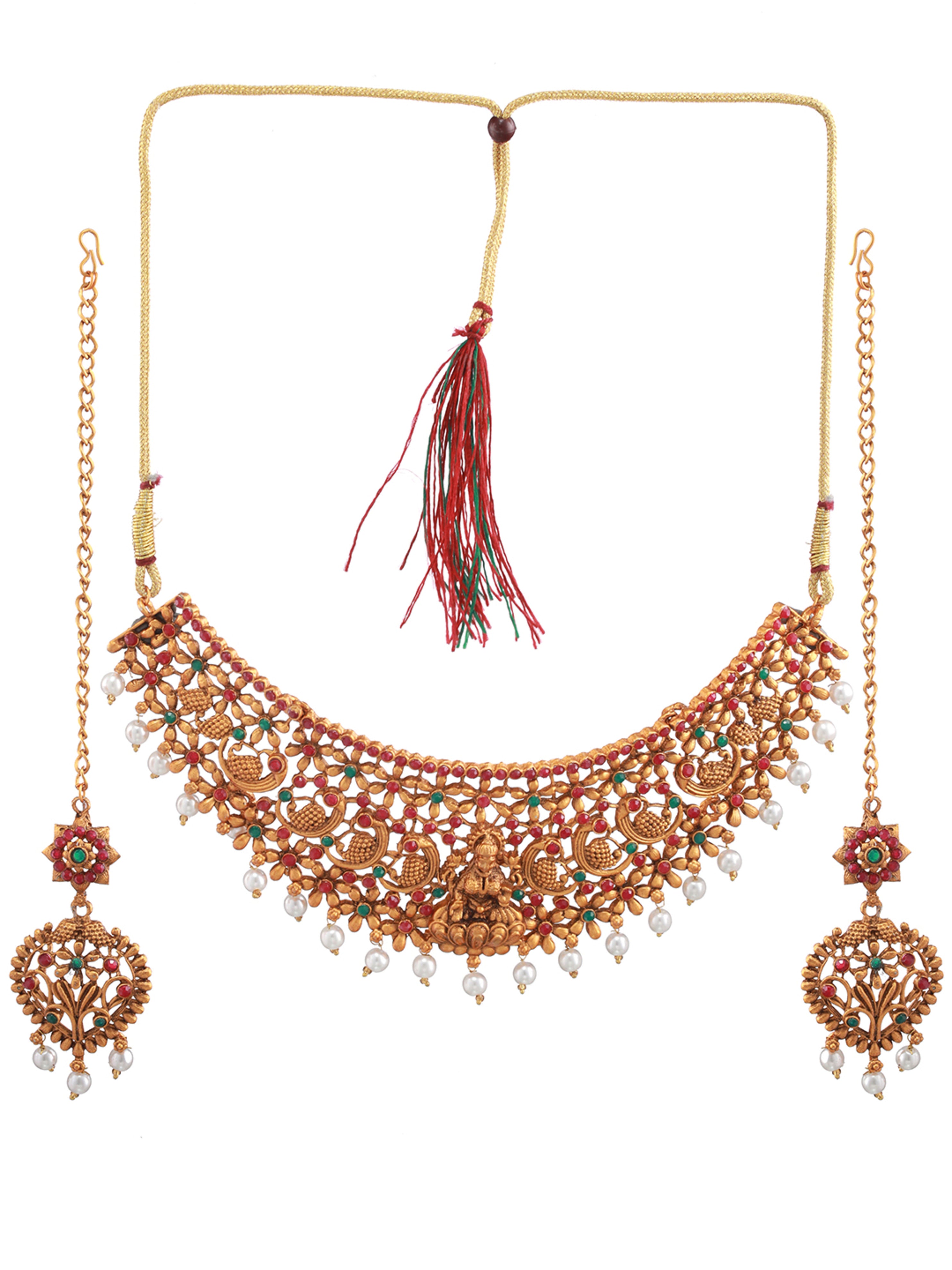 Gold-Plated Red & Green Stone-Studded Temple Choker Set