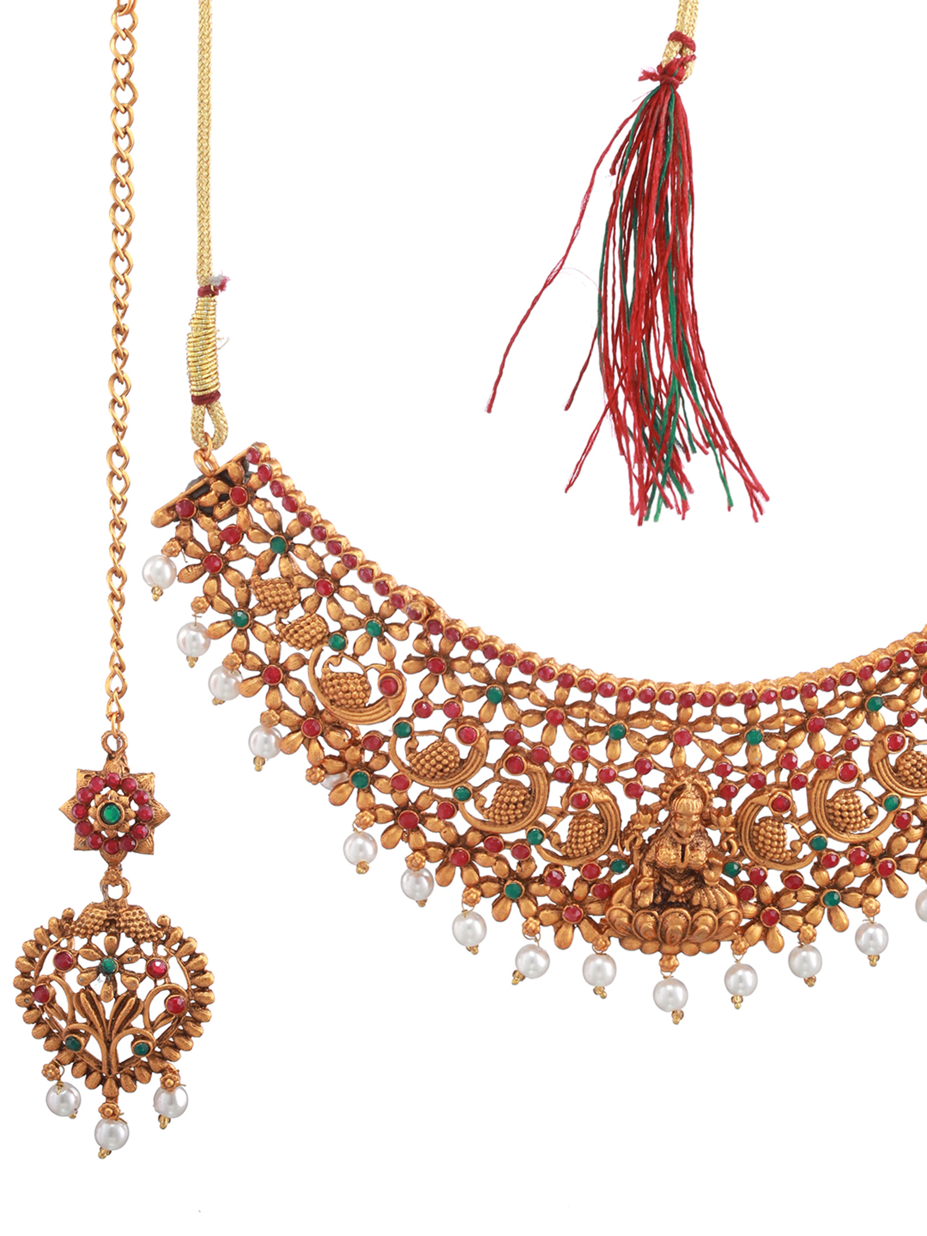 Gold-Plated Red & Green Stone-Studded Temple Choker Set - Jazzandsizzle