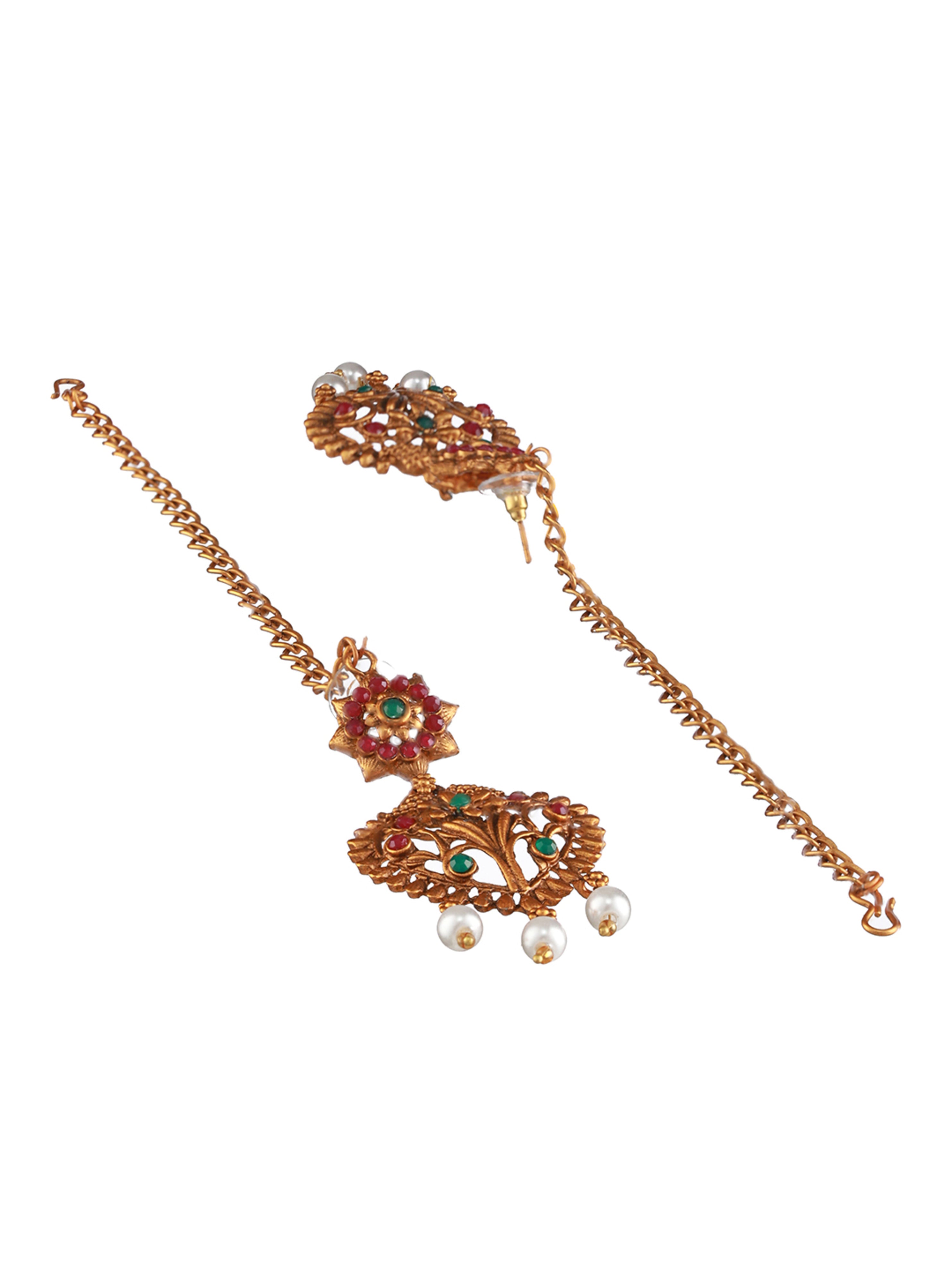 Gold-Plated Red & Green Stone-Studded Temple Choker Set - Jazzandsizzle