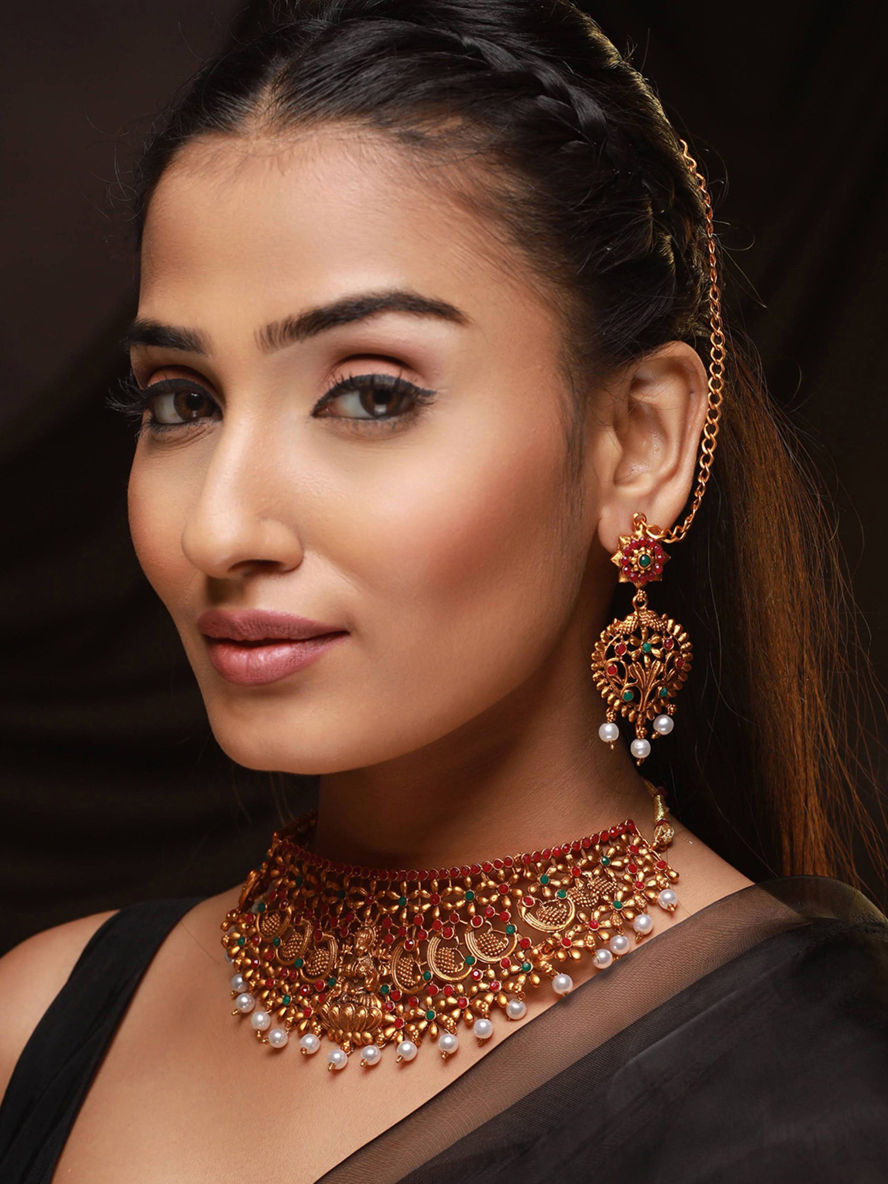 Gold-Plated Red & Green Stone-Studded Temple Choker Set - Jazzandsizzle