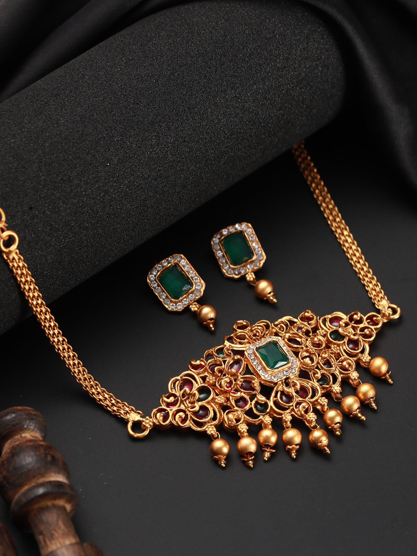 Gold-Plated Pink & Green Stone-Studded Handcrafted Temple Choker Set - Jazzandsizzle