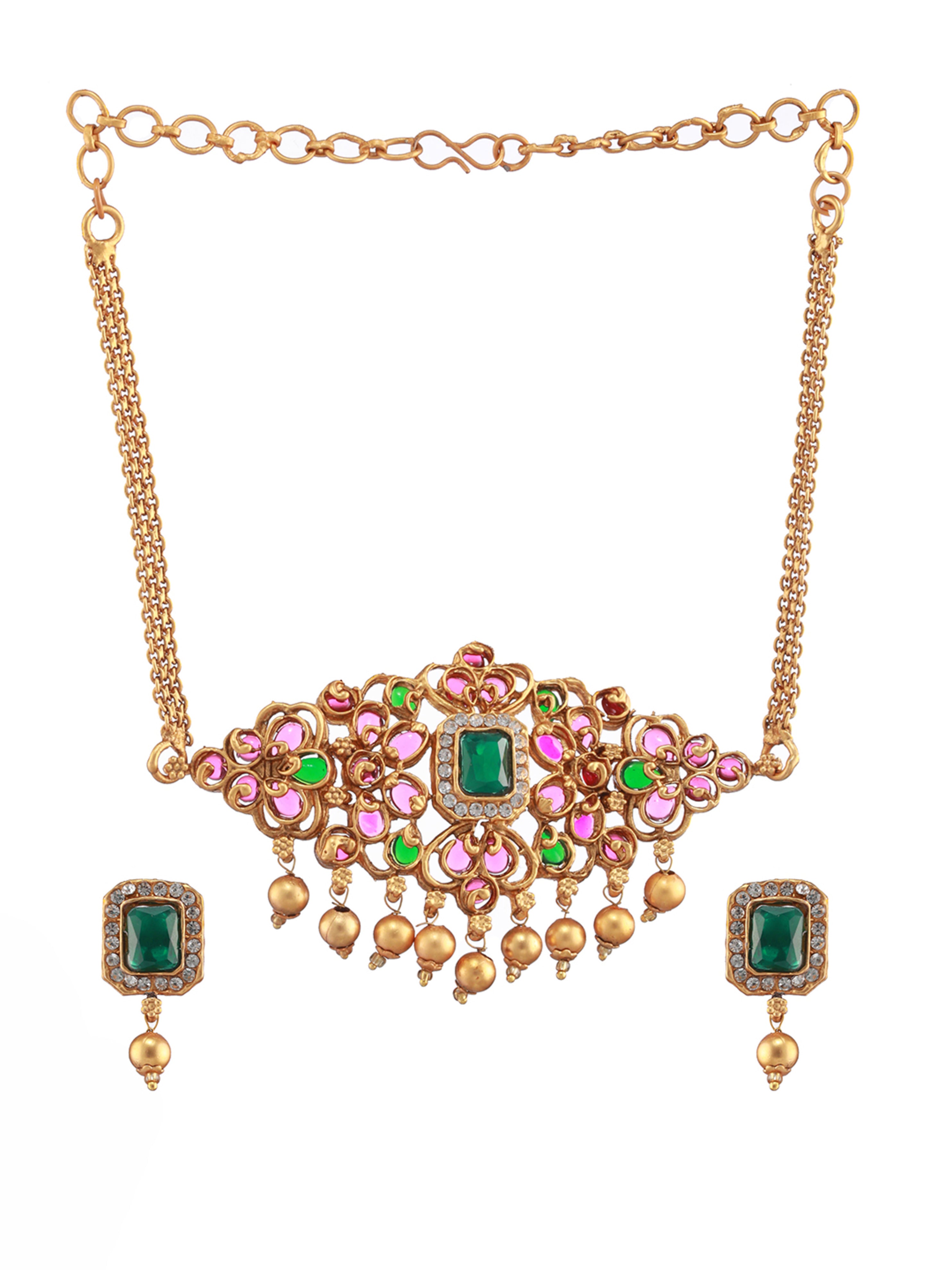 Gold-Plated Pink & Green Stone-Studded Handcrafted Temple Choker Set
