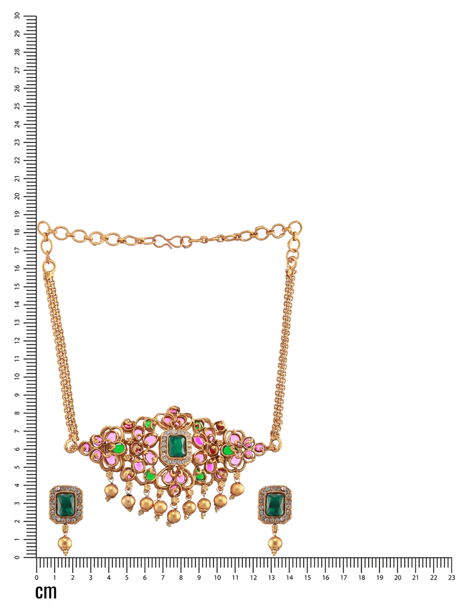 Gold-Plated Pink & Green Stone-Studded Handcrafted Temple Choker Set - Jazzandsizzle