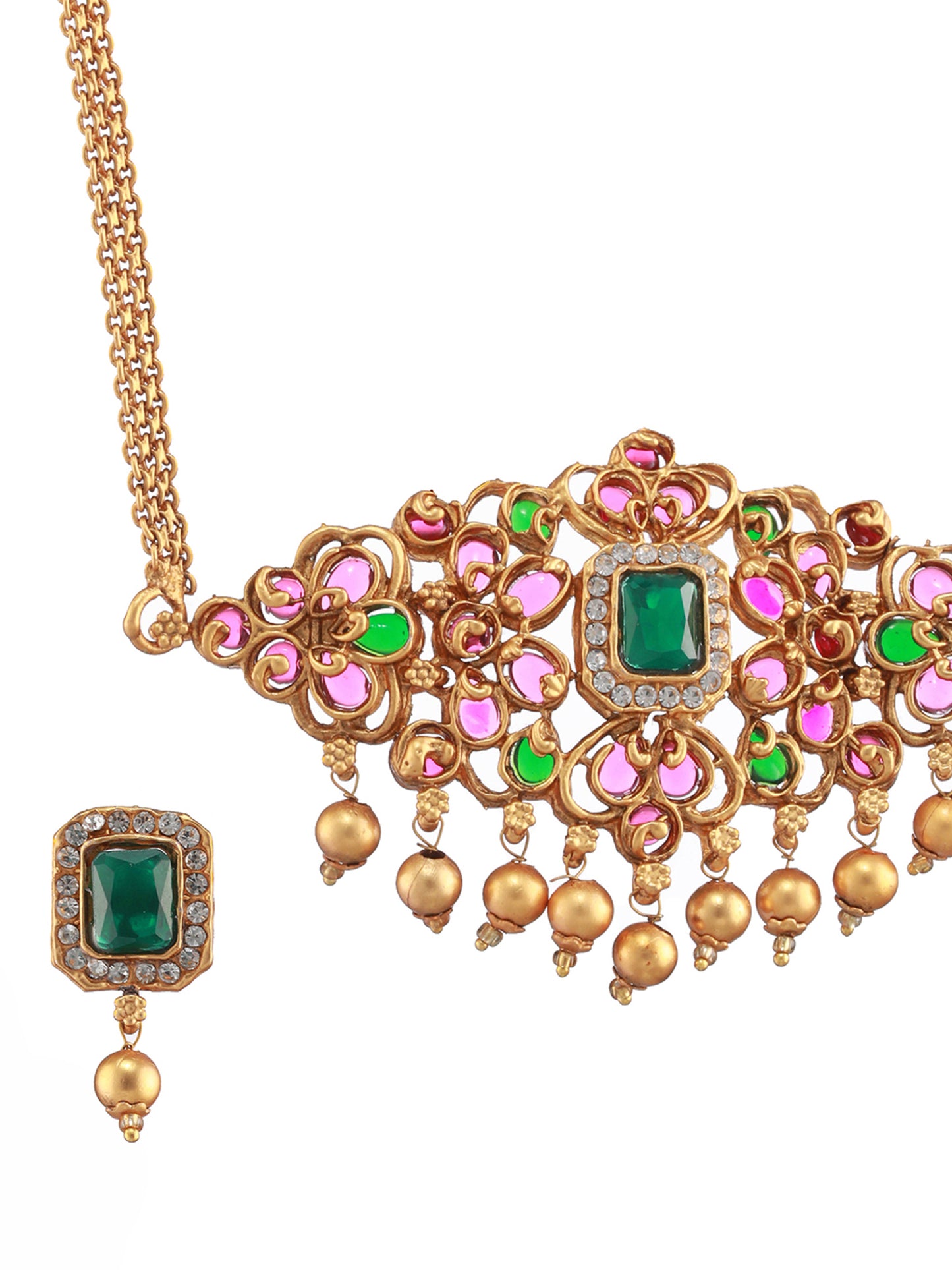 Gold-Plated Pink & Green Stone-Studded Handcrafted Temple Choker Set - Jazzandsizzle