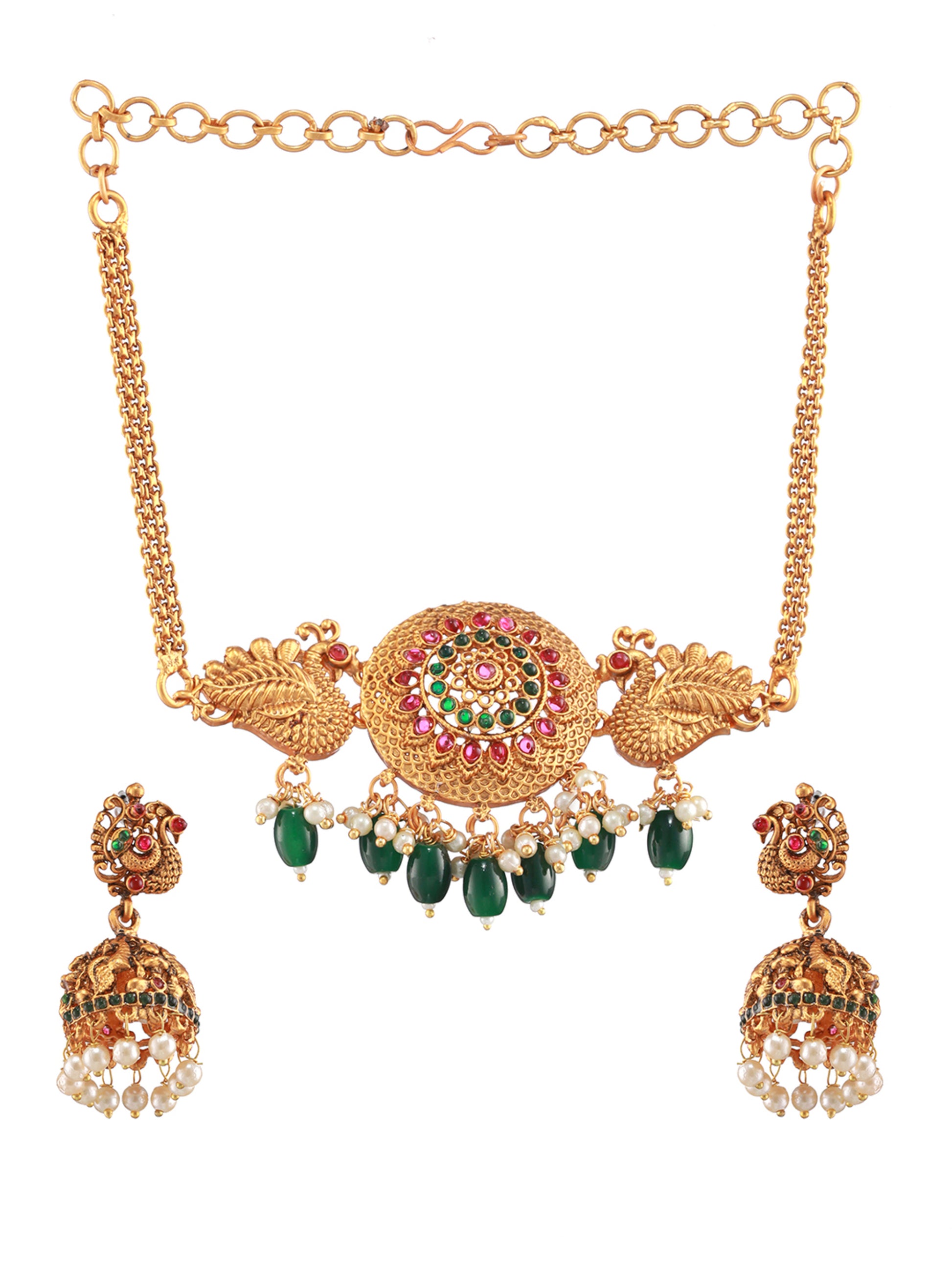 Gold-Plated Pink & Green Stone-Studded & Beaded Handcrafted, Peacock Motif Temple Choker Set - Jazzandsizzle