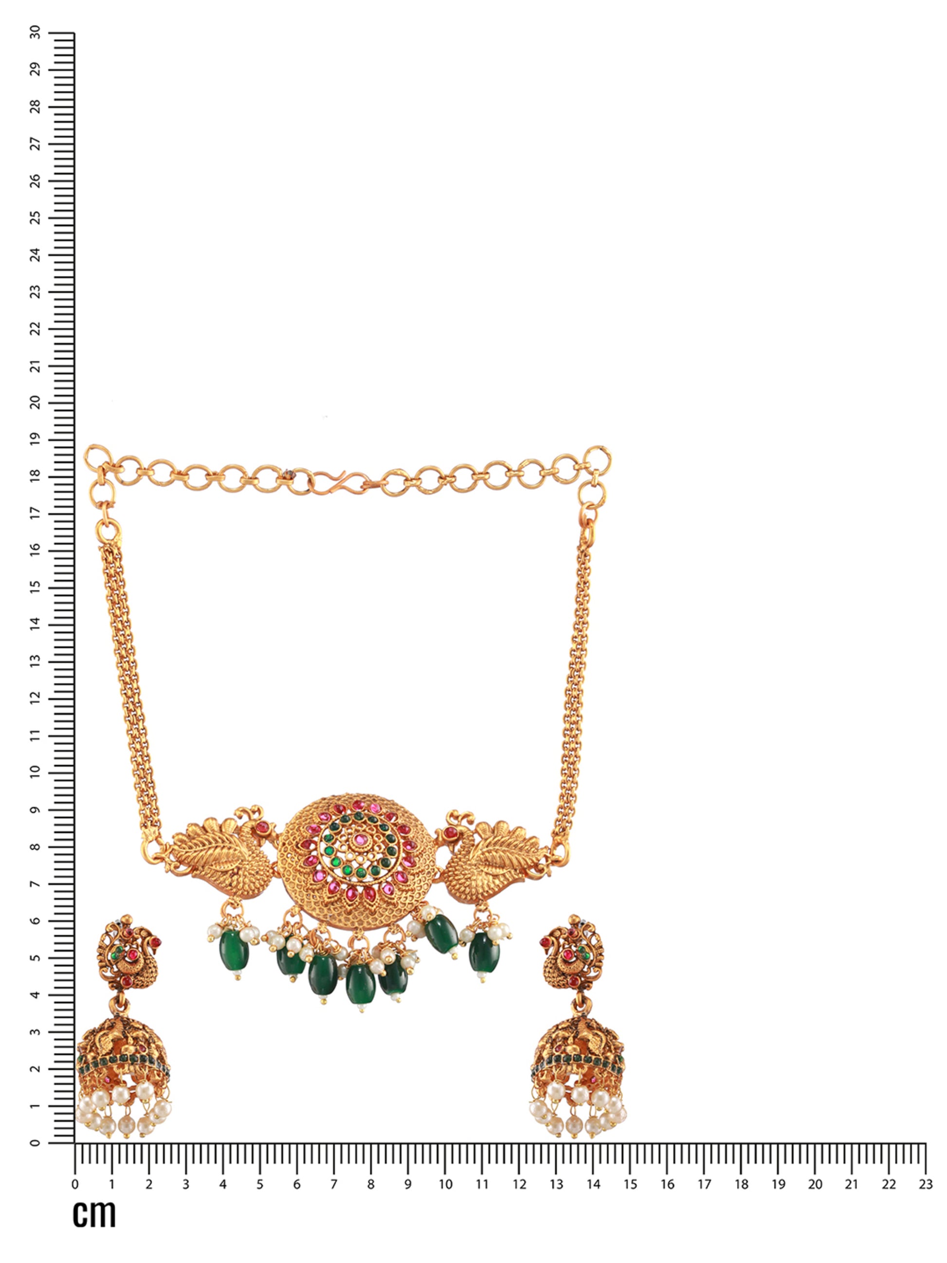 Gold-Plated Pink & Green Stone-Studded & Beaded Handcrafted, Peacock Motif Temple Choker Set - Jazzandsizzle