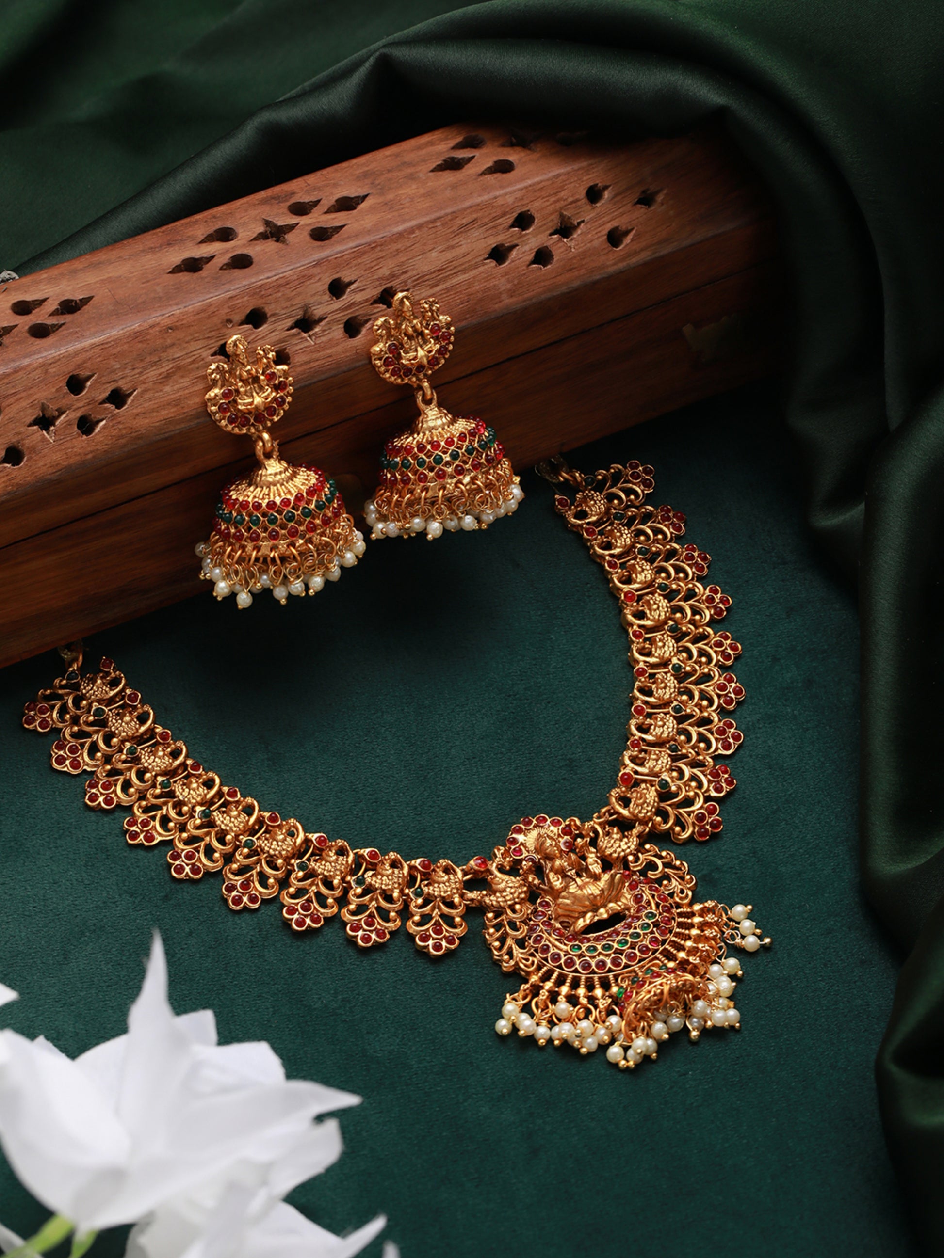 Gold-Plated Red & Green Stone-Studded & Pearl Beaded Lakshmi Temple Jewellery Set - Jazzandsizzle