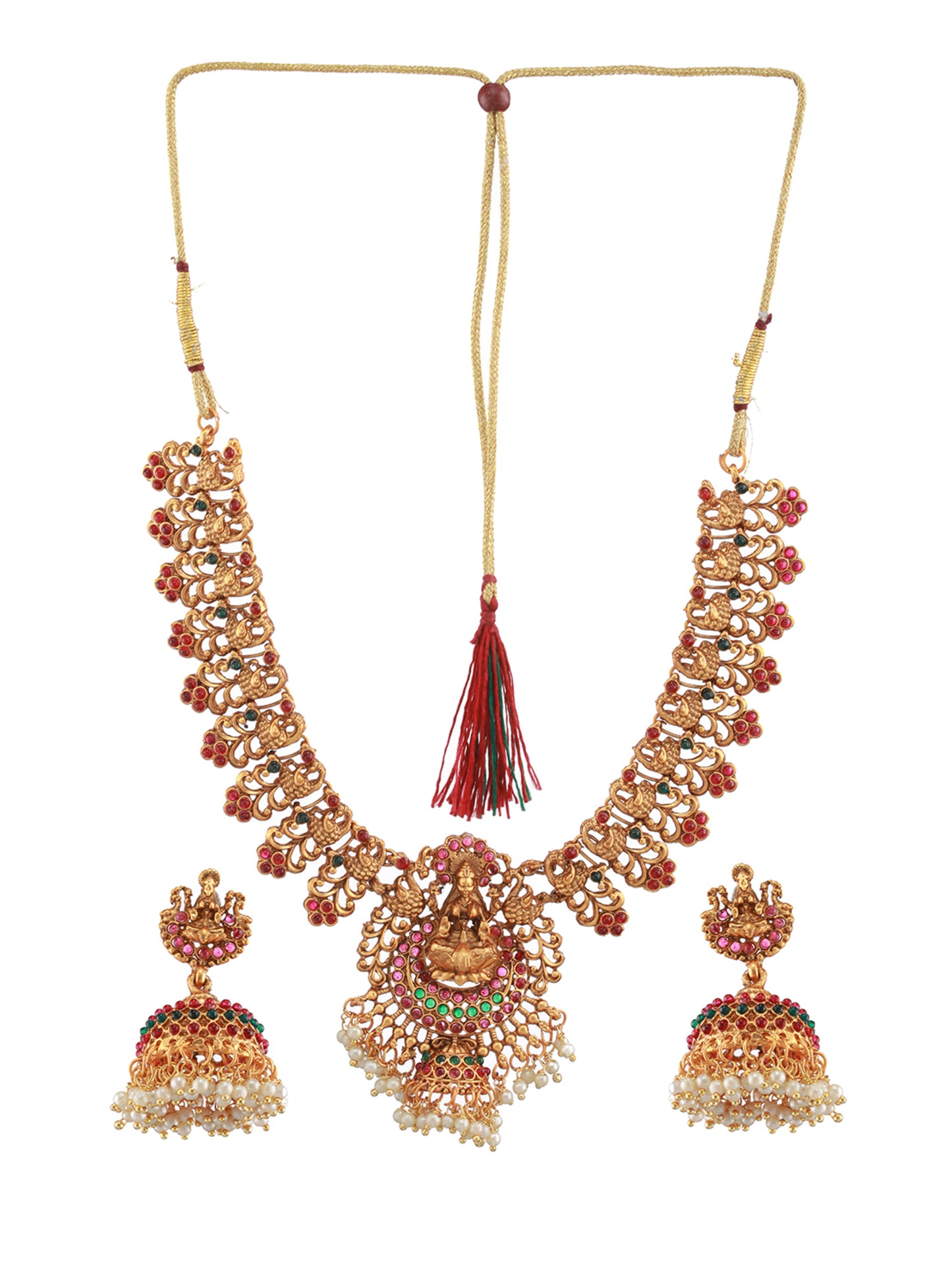 Gold-Plated Red & Green Stone-Studded & Pearl Beaded Lakshmi Temple Jewellery Set - Jazzandsizzle