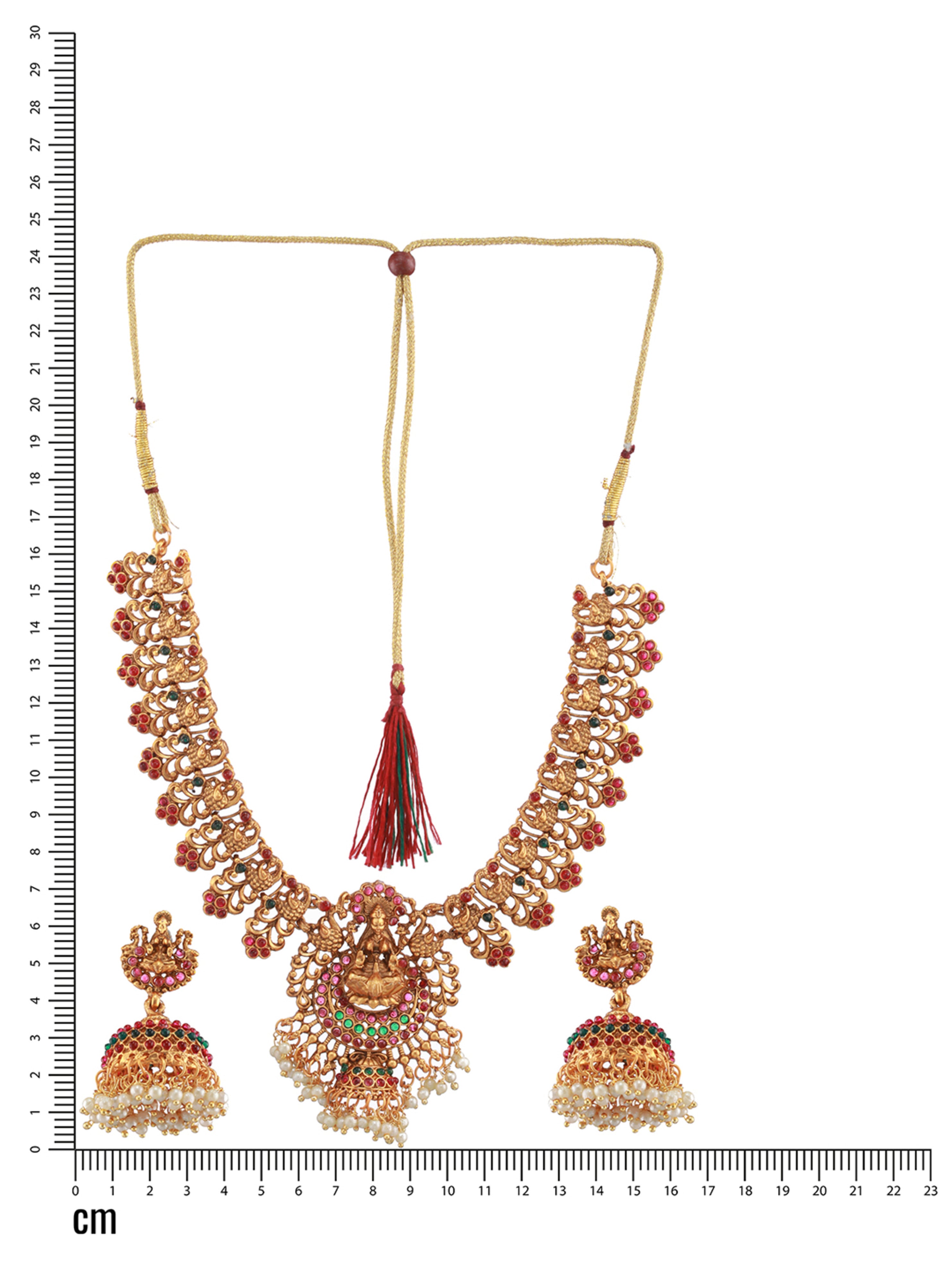 Gold-Plated Red & Green Stone-Studded & Pearl Beaded Lakshmi Temple Jewellery Set - Jazzandsizzle