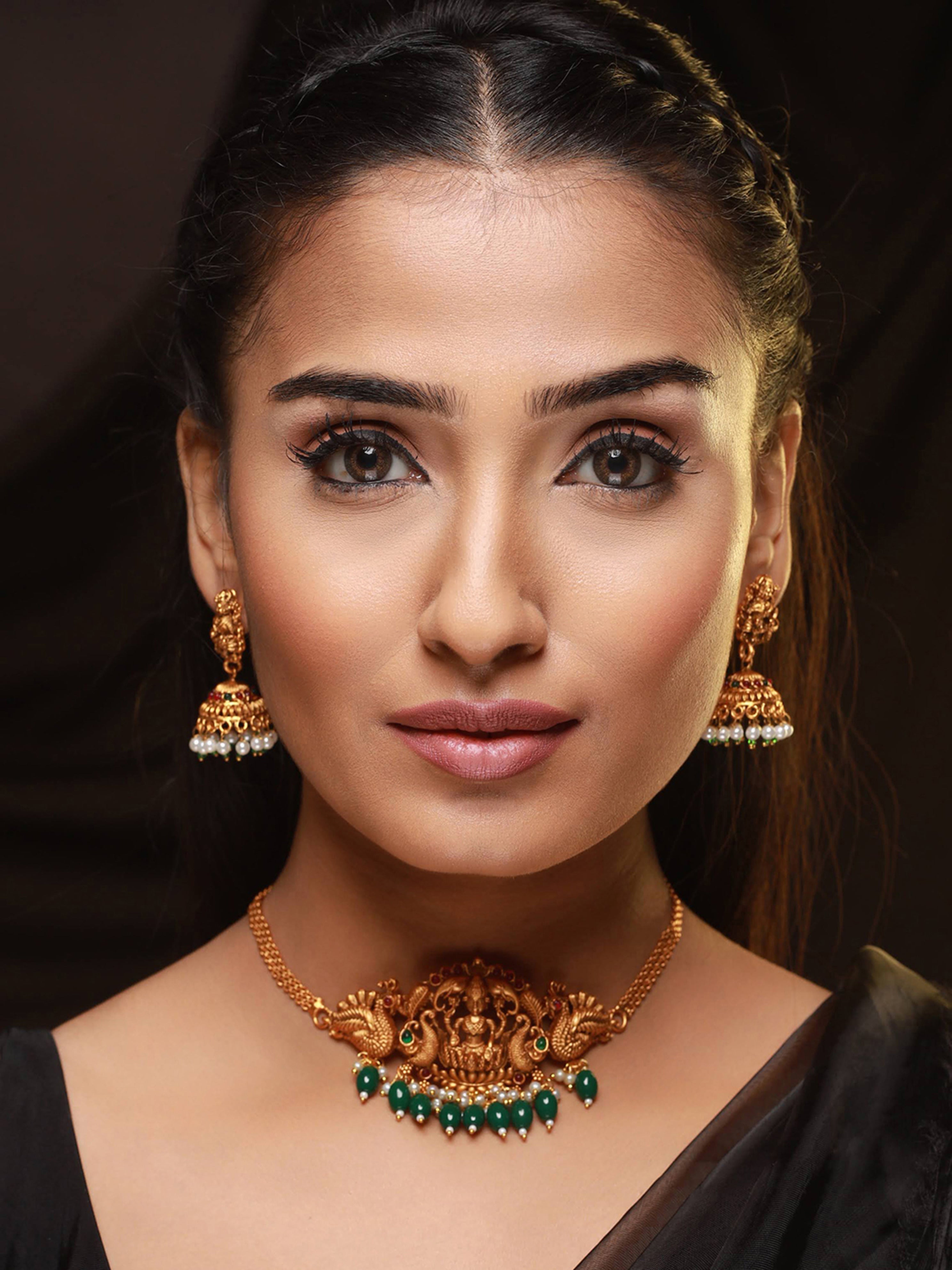 Gold-Plated Red & Green Stone-Studded & Beads-Beaded Lakshmi Temple Jewellery Set - Jazzandsizzle