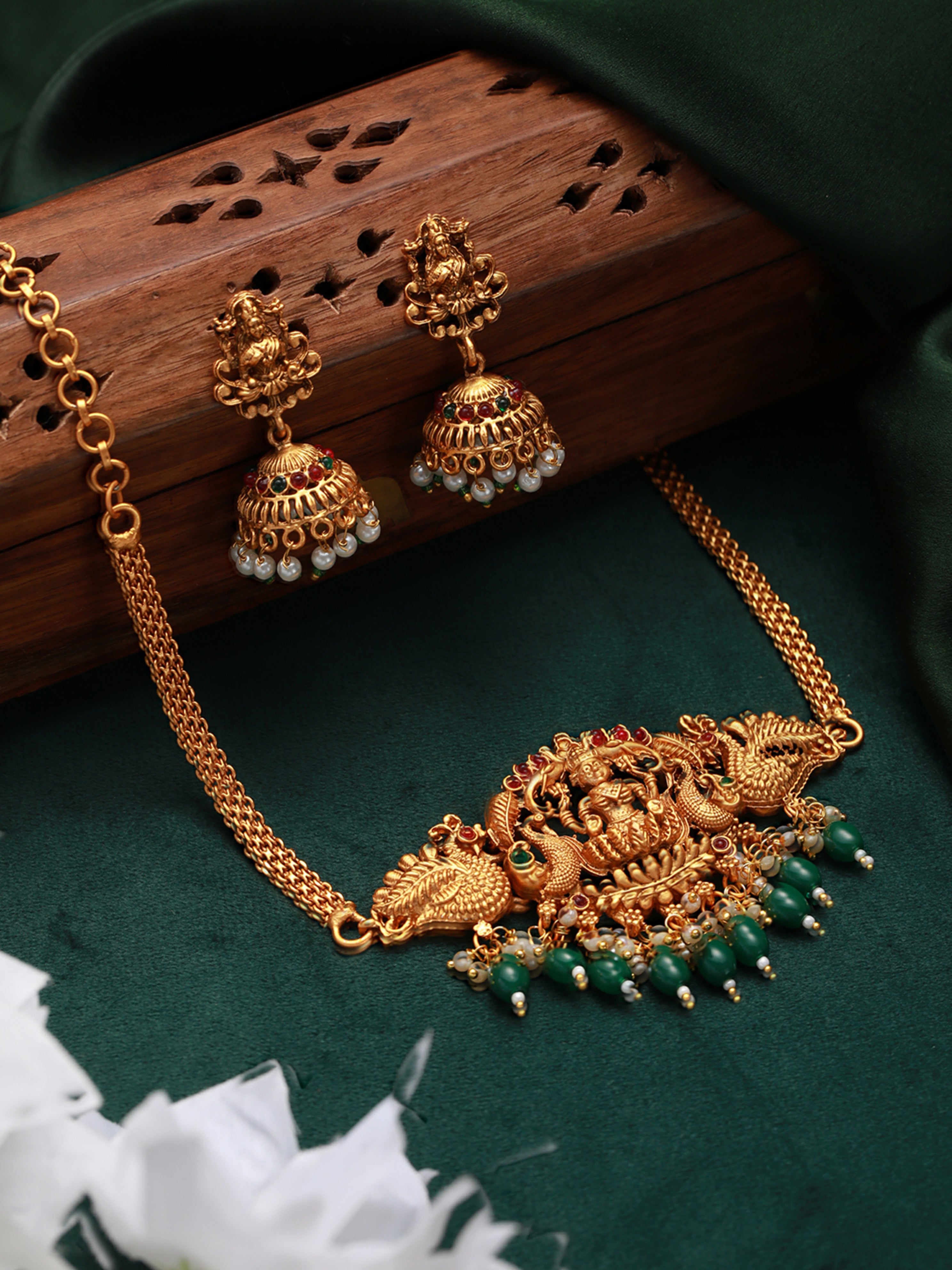 Gold-Plated Red & Green Stone-Studded & Beads-Beaded Lakshmi Temple Jewellery Set - Jazzandsizzle