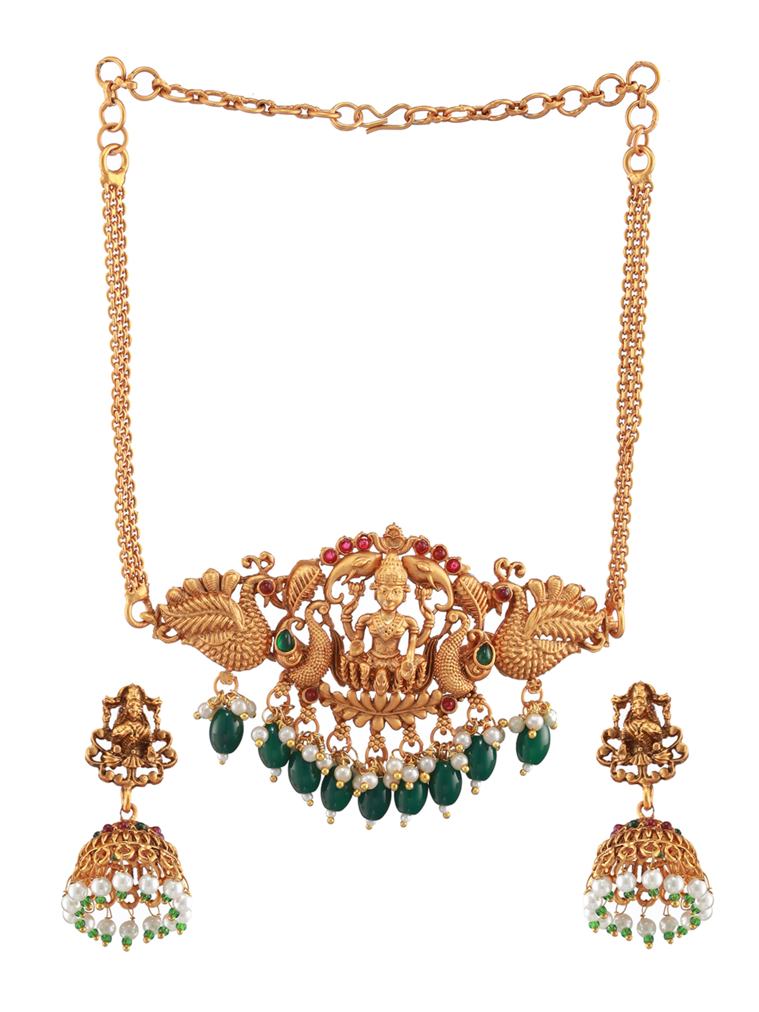 Gold-Plated Red & Green Stone-Studded & Beads-Beaded Lakshmi Temple Jewellery Set