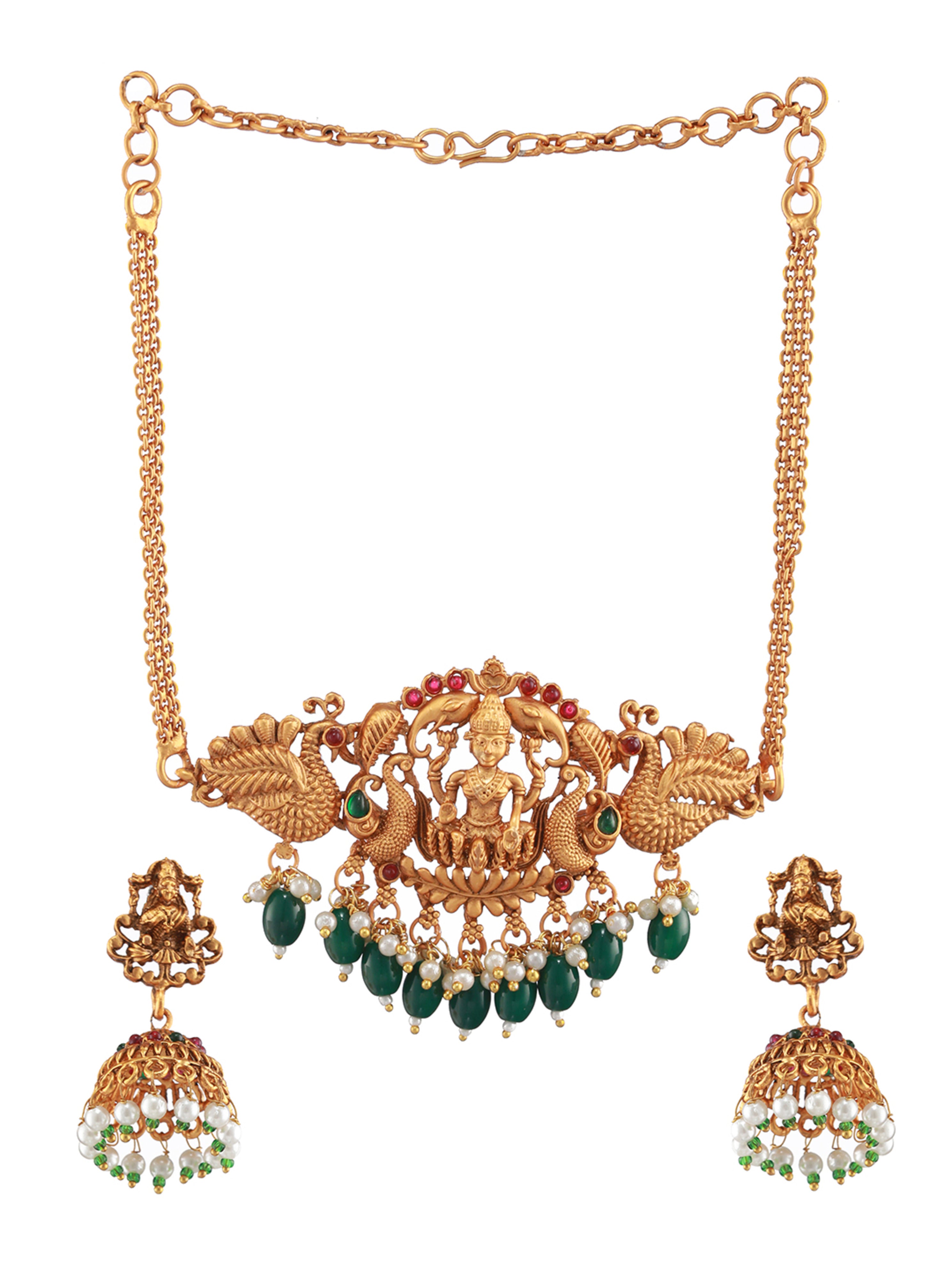 Gold-Plated Red & Green Stone-Studded & Beads-Beaded Lakshmi Temple Jewellery Set - Jazzandsizzle