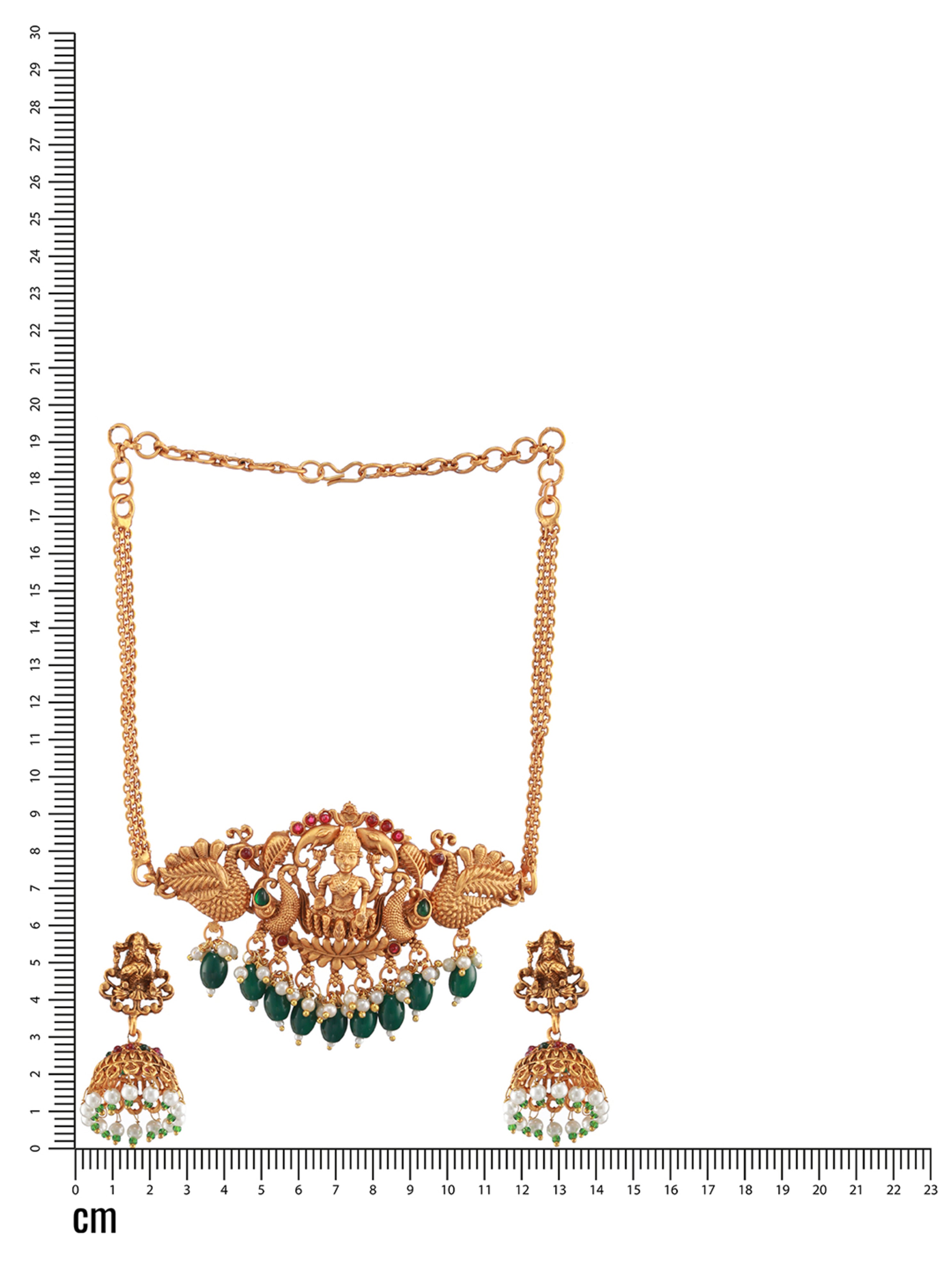 Gold-Plated Red & Green Stone-Studded & Beads-Beaded Lakshmi Temple Jewellery Set - Jazzandsizzle