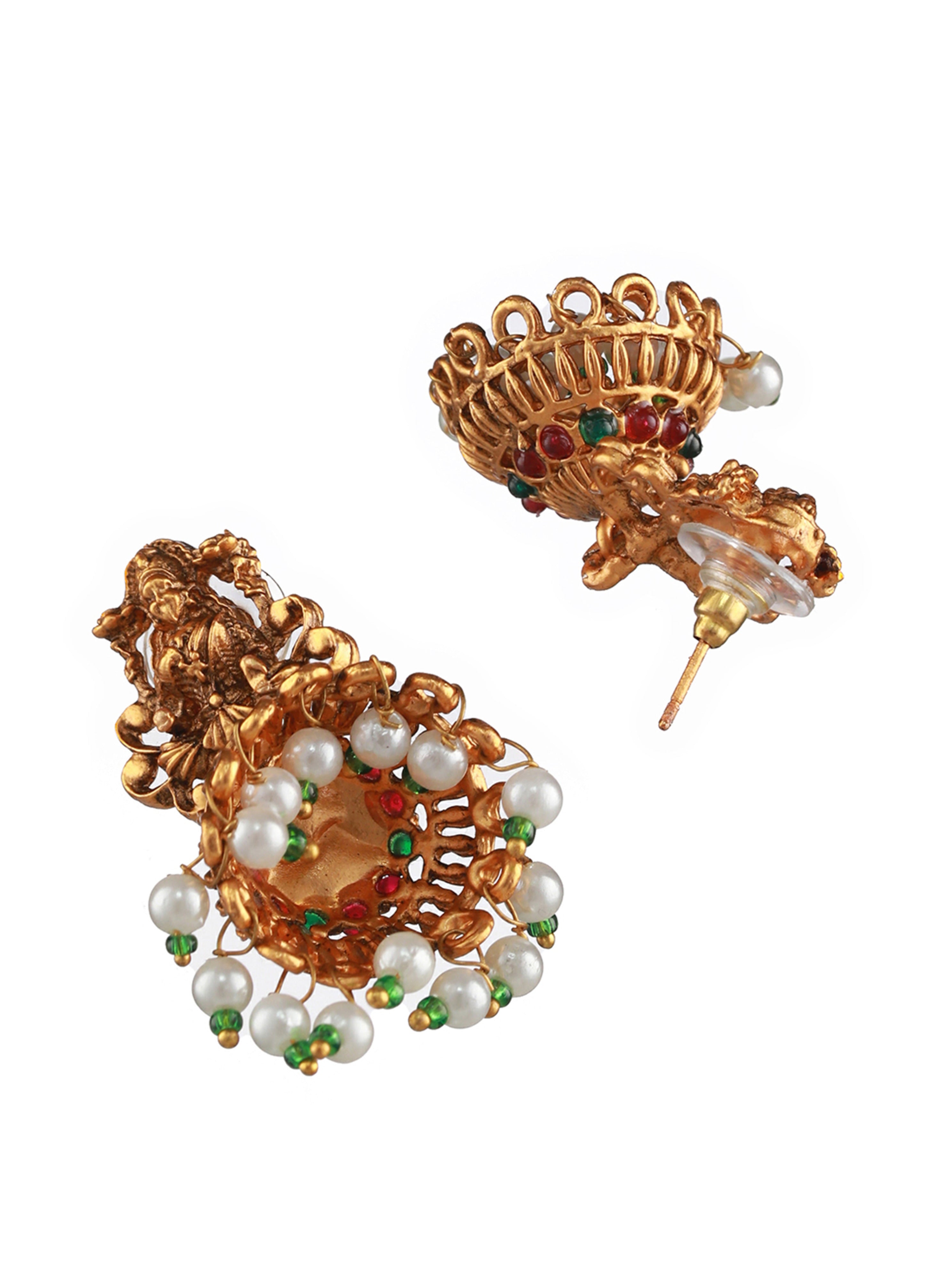 Gold-Plated Red & Green Stone-Studded & Beads-Beaded Lakshmi Temple Jewellery Set - Jazzandsizzle