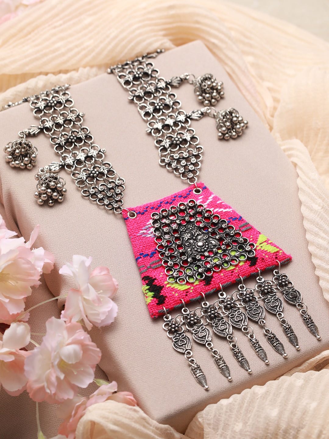 Oxidised Silver-Plated Pink Handcrafted Necklace - Jazzandsizzle