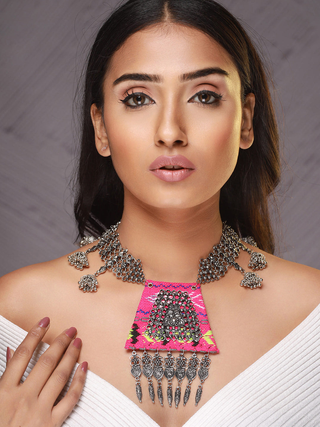 Oxidised Silver-Plated Pink Handcrafted Necklace - Jazzandsizzle