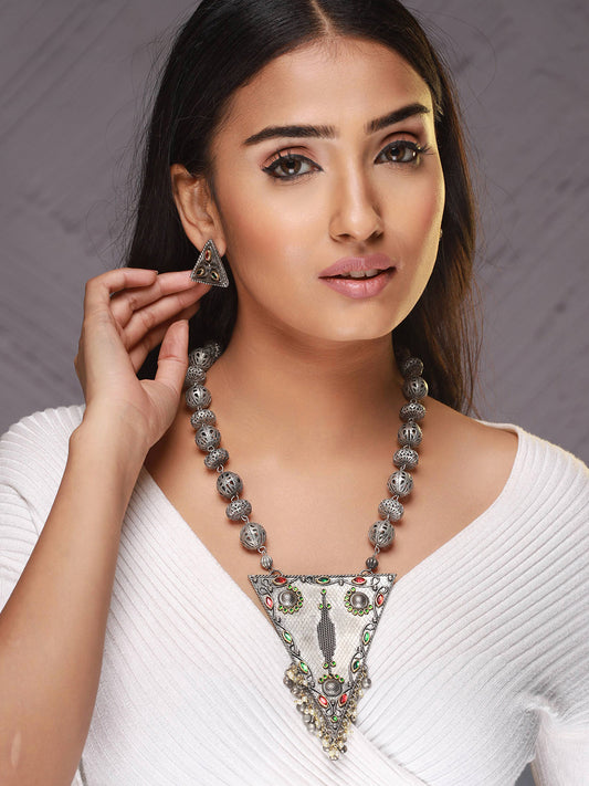 Oxidised Silver-Plated & Kundan Studded & Ghungroo Beads Handcrafted Jewellery Set - Jazzandsizzle