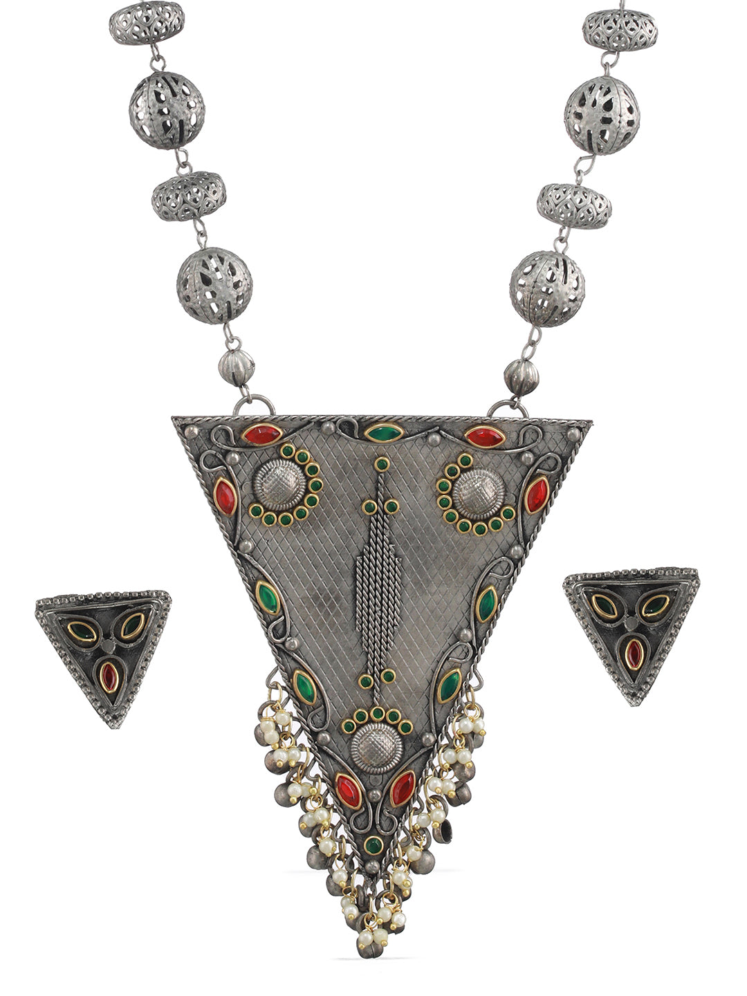 Oxidised Silver-Plated & Kundan Studded & Ghungroo Beads Handcrafted Jewellery Set - Jazzandsizzle