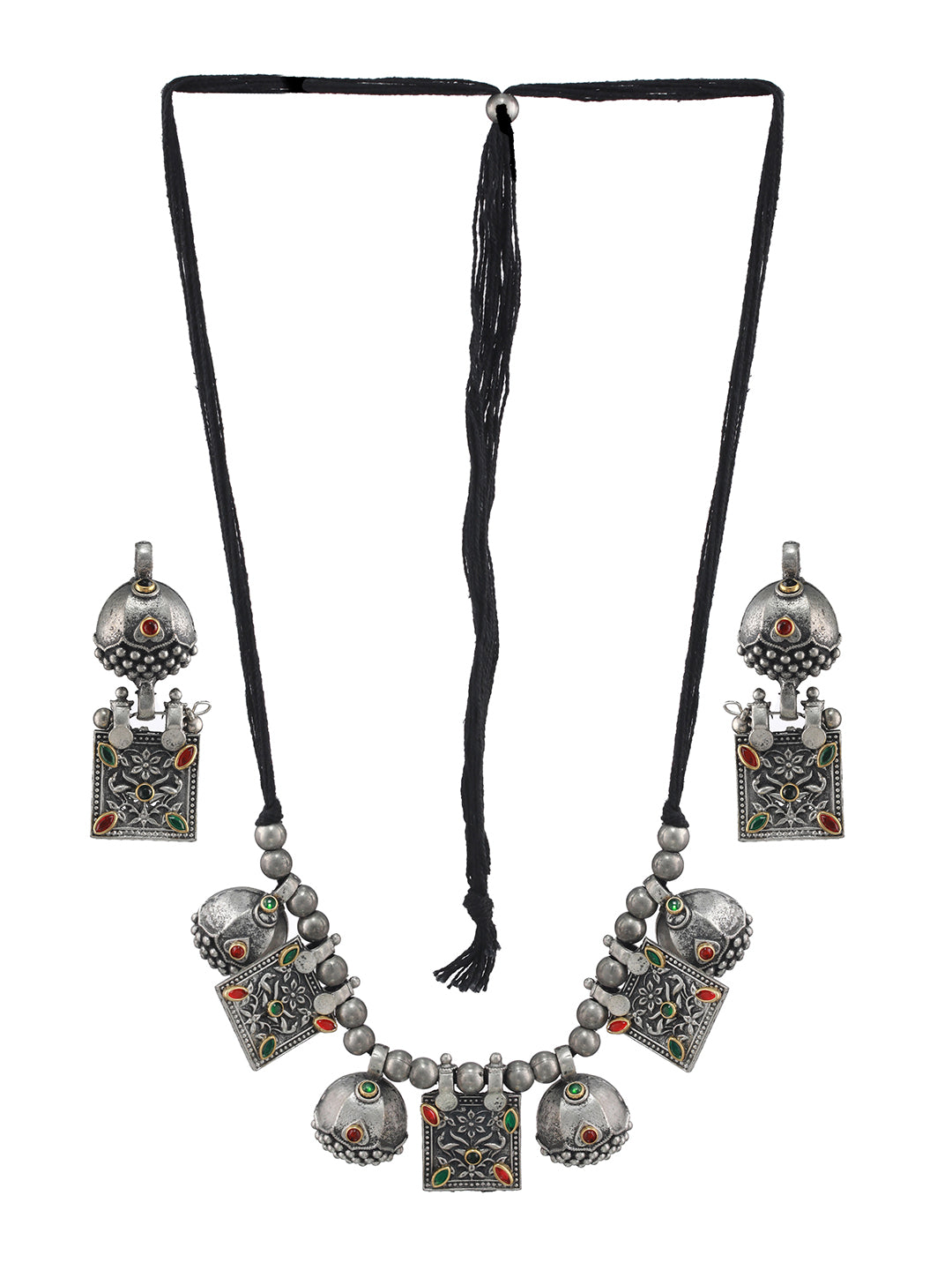 Silver-Plated Kundan-Studded & Beaded Jewellery Set - Jazzandsizzle