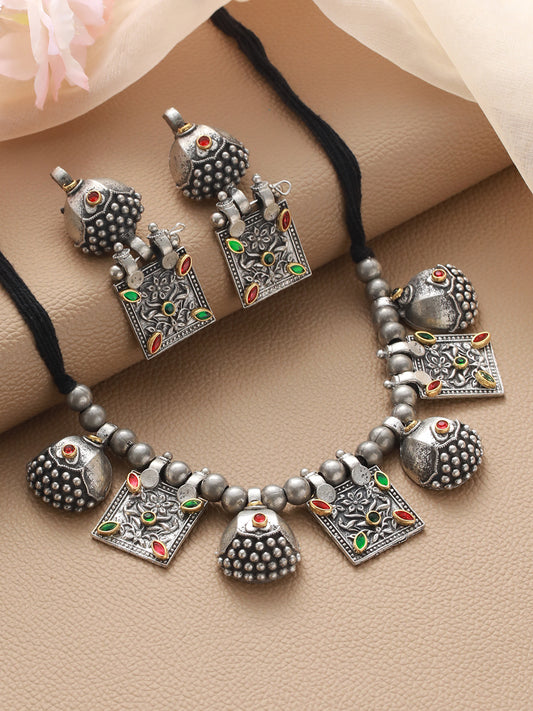 Silver-Plated Kundan-Studded & Beaded Jewellery Set - Jazzandsizzle