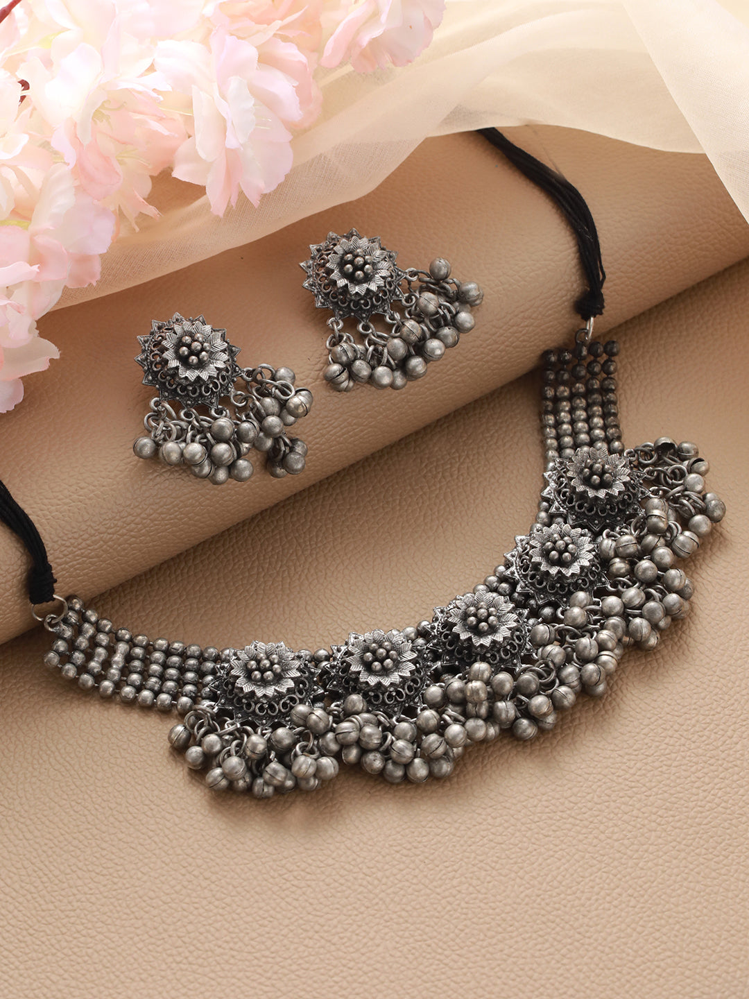 Silver Plated Flower Motif Oxidised Necklace - Jazzandsizzle