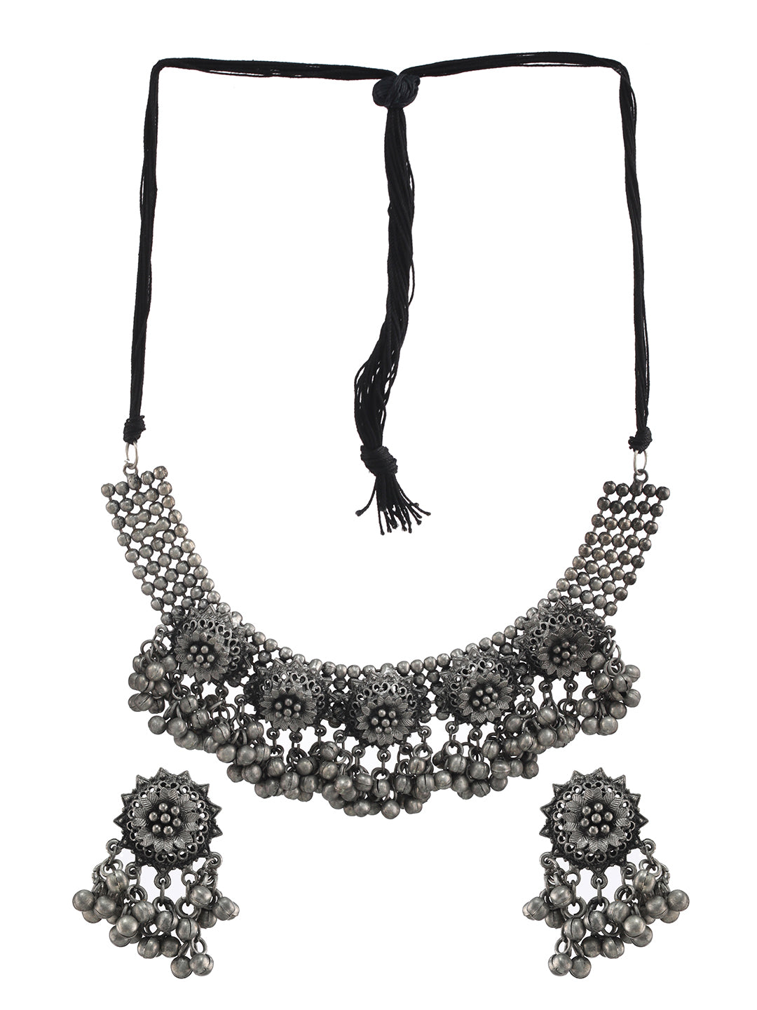 Silver Plated Flower Motif Oxidised Necklace - Jazzandsizzle