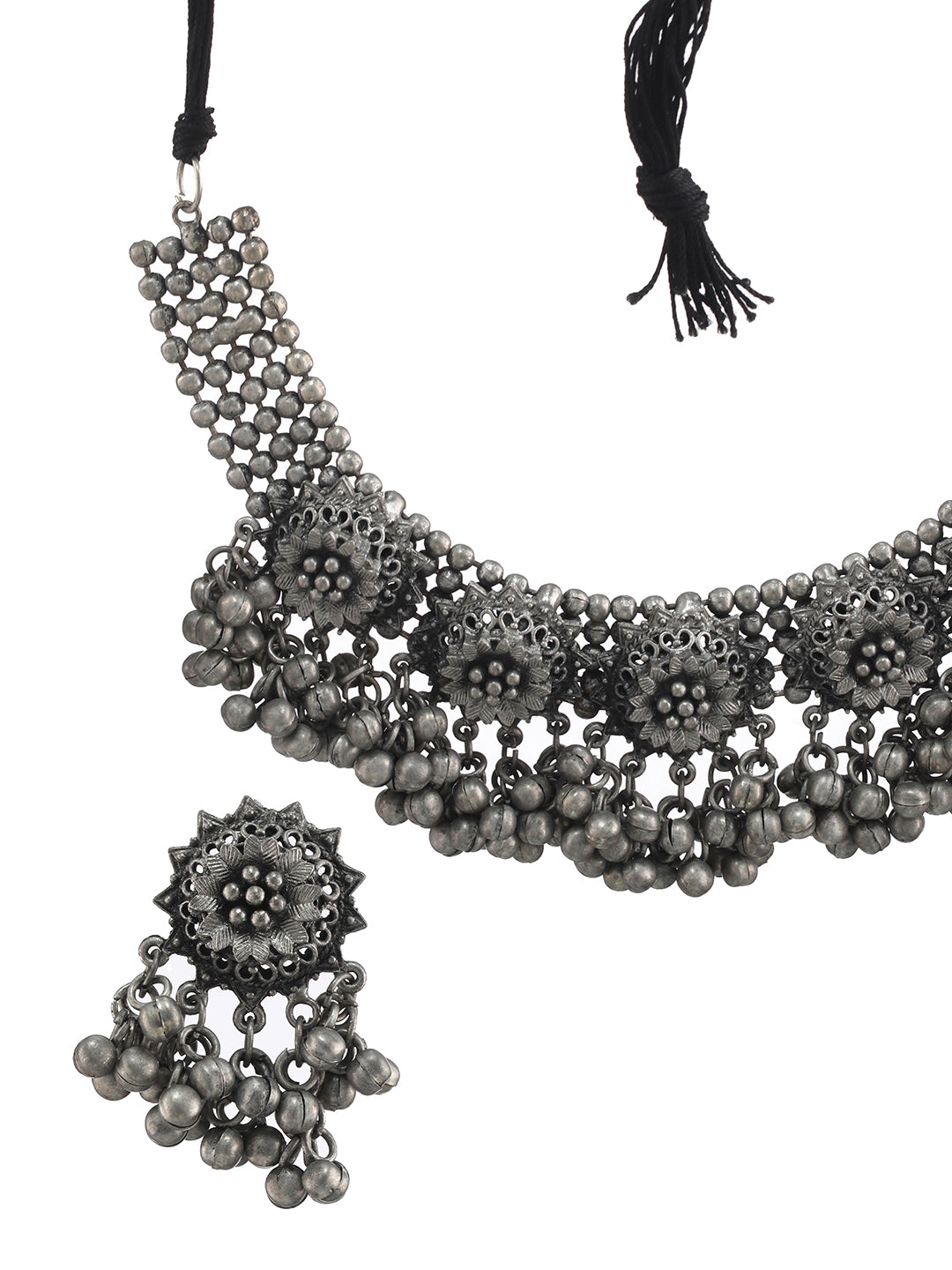 Silver Plated Flower Motif Oxidised Necklace - Jazzandsizzle
