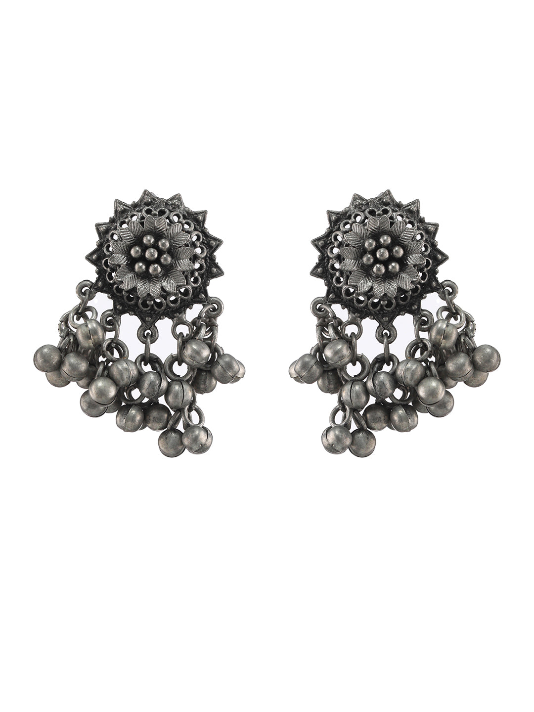 Silver Plated Flower Motif Oxidised Necklace - Jazzandsizzle