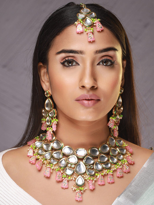 Women Pink Gold-Plated Ornate Pearl Kundan Jewellery Set with Maangtikka - Jazzandsizzle