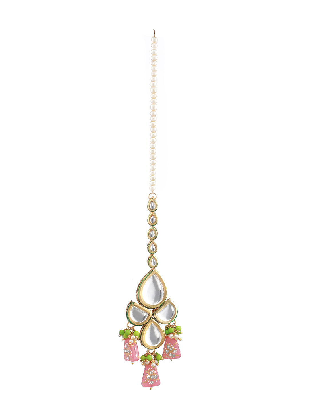 Women Pink Gold-Plated Ornate Pearl Kundan Jewellery Set with Maangtikka