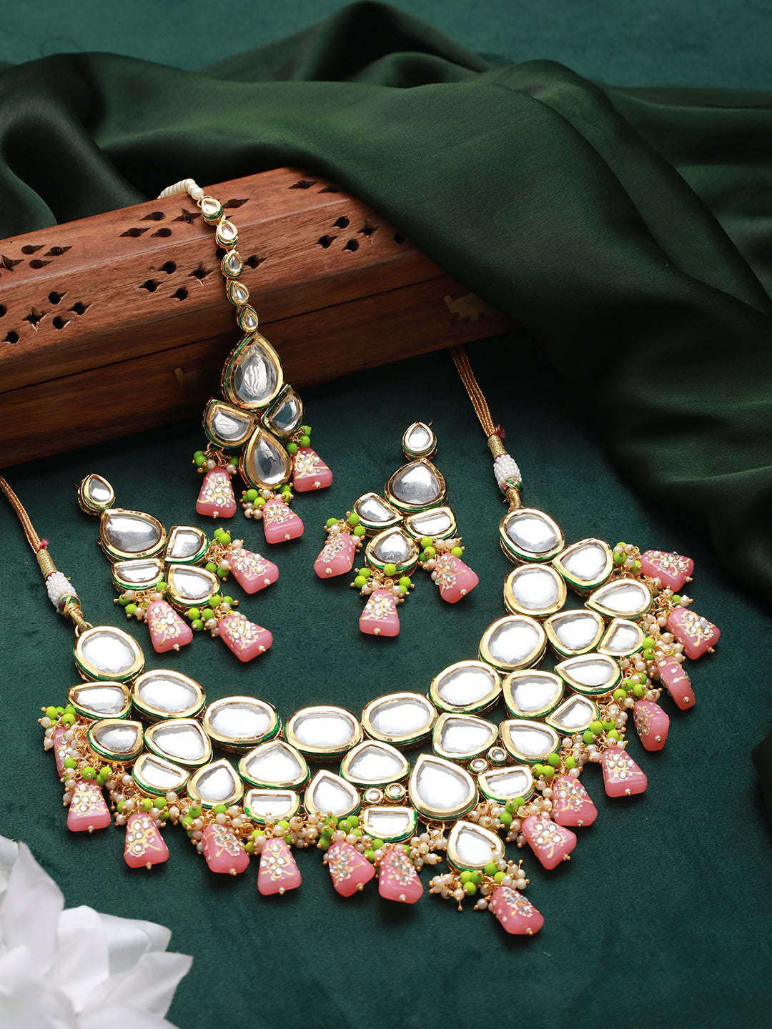 Women Pink Gold-Plated Ornate Pearl Kundan Jewellery Set with Maangtikka - Jazzandsizzle