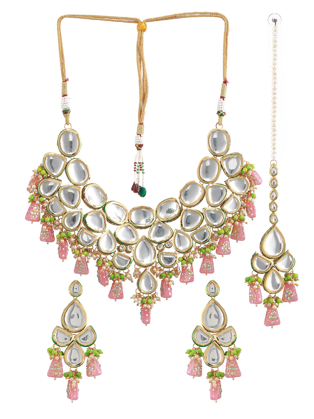 Women Pink Gold-Plated Ornate Pearl Kundan Jewellery Set with Maangtikka - Jazzandsizzle