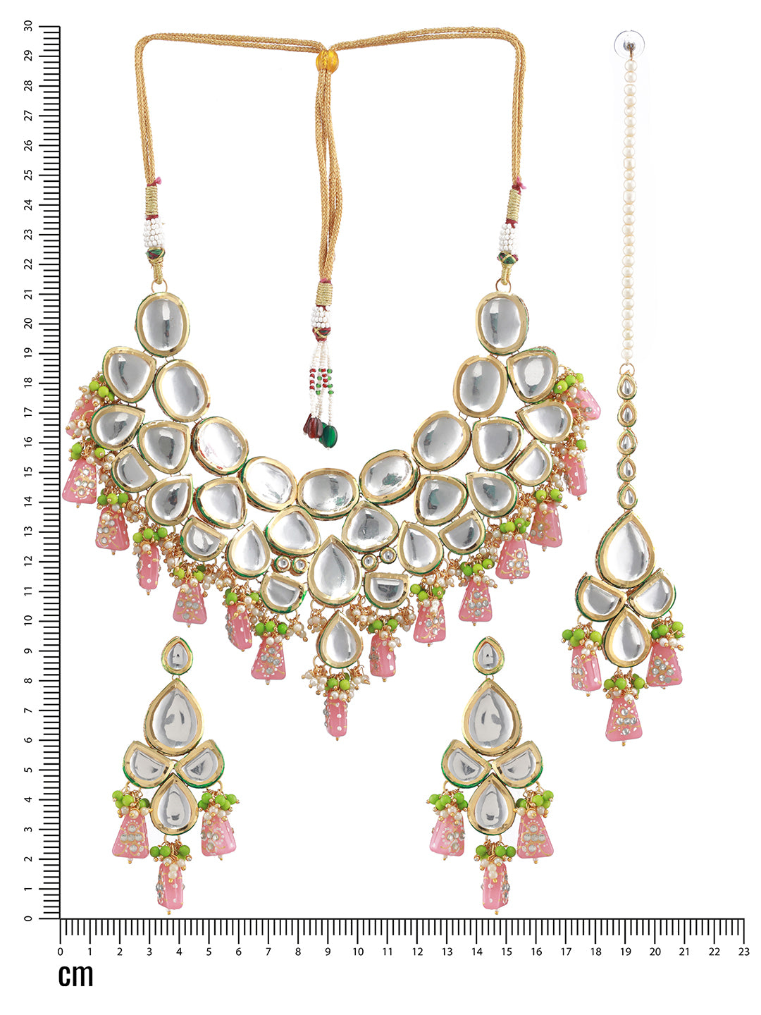 Women Pink Gold-Plated Ornate Pearl Kundan Jewellery Set with Maangtikka