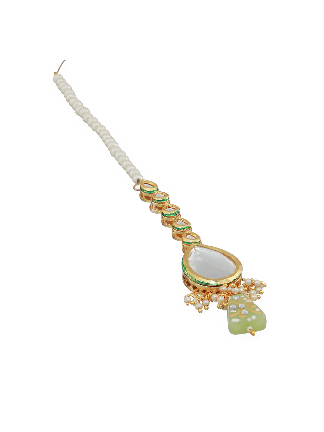 Gold-Plated White & Green Stone-Studded & Pearl Beaded Choker Jewellery Set with Maangtika - Jazzandsizzle