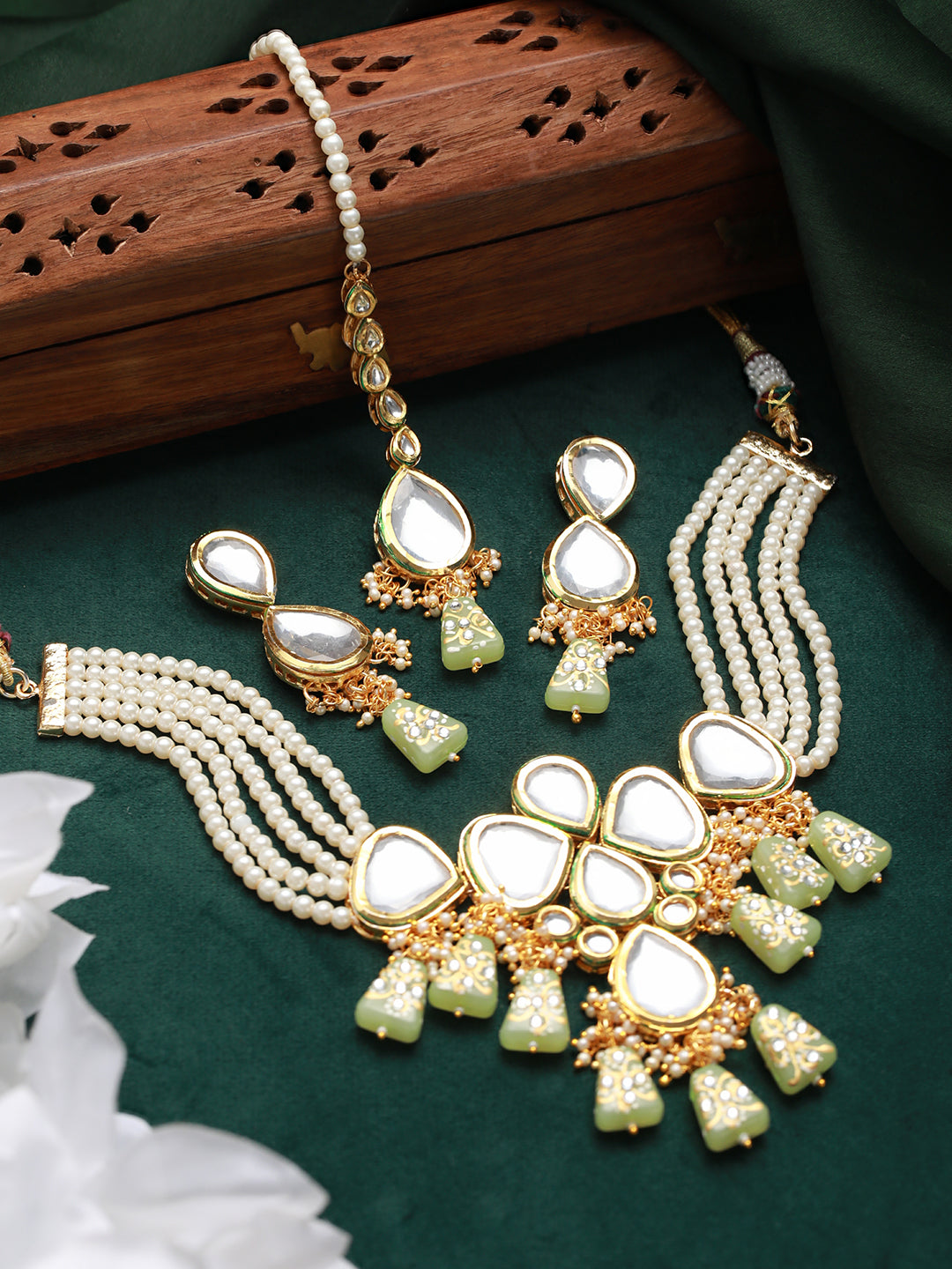 Gold-Plated White & Green Stone-Studded & Pearl Beaded Choker Jewellery Set with Maangtika - Jazzandsizzle