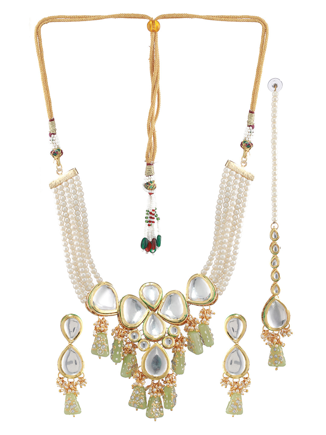 Gold-Plated White & Green Stone-Studded & Pearl Beaded Choker Jewellery Set with Maangtika - Jazzandsizzle