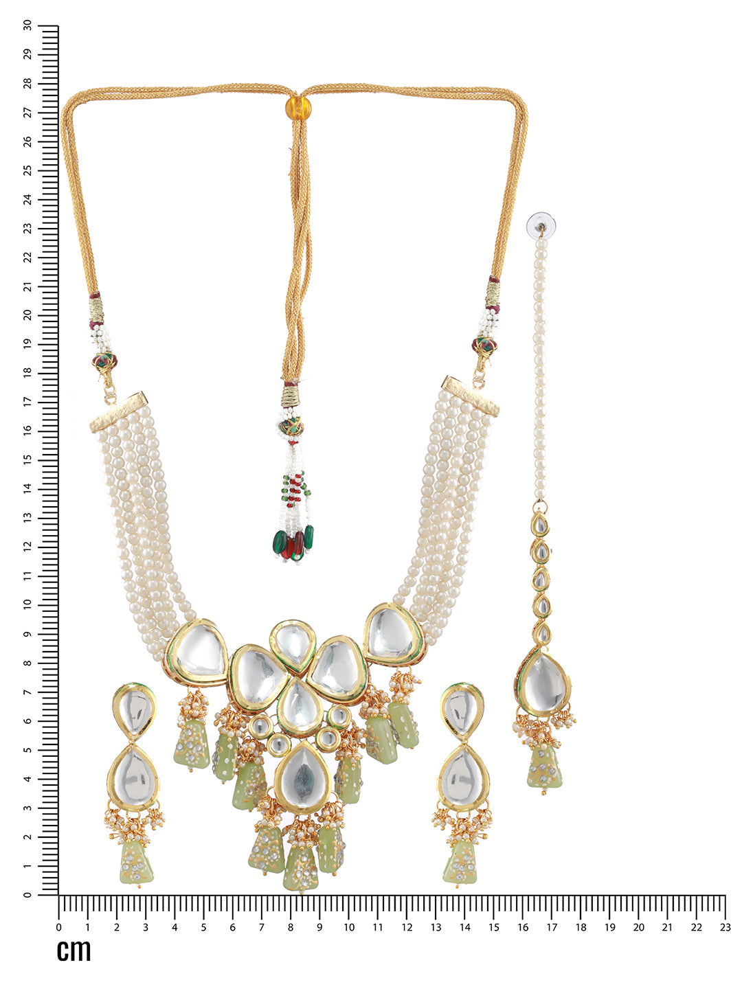 Gold-Plated White & Green Stone-Studded & Pearl Beaded Choker Jewellery Set with Maangtika - Jazzandsizzle