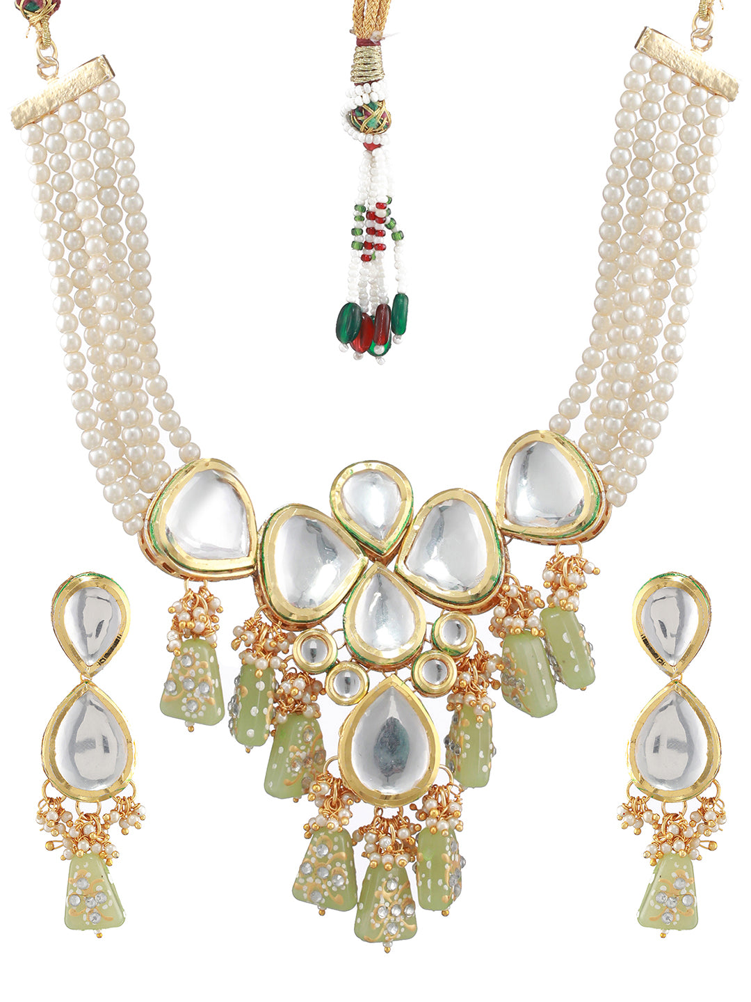 Gold-Plated White & Green Stone-Studded & Pearl Beaded Choker Jewellery Set with Maangtika - Jazzandsizzle