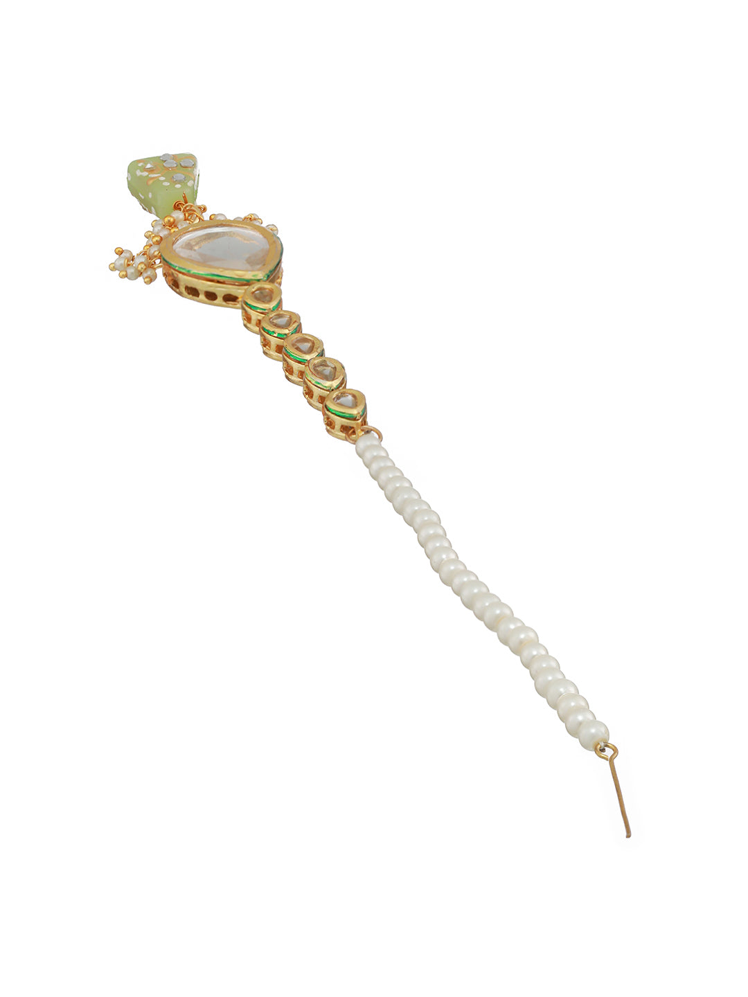 Gold-Plated White & Green Stone-Studded & Pearl Beaded Choker Jewellery Set with Maangtika - Jazzandsizzle