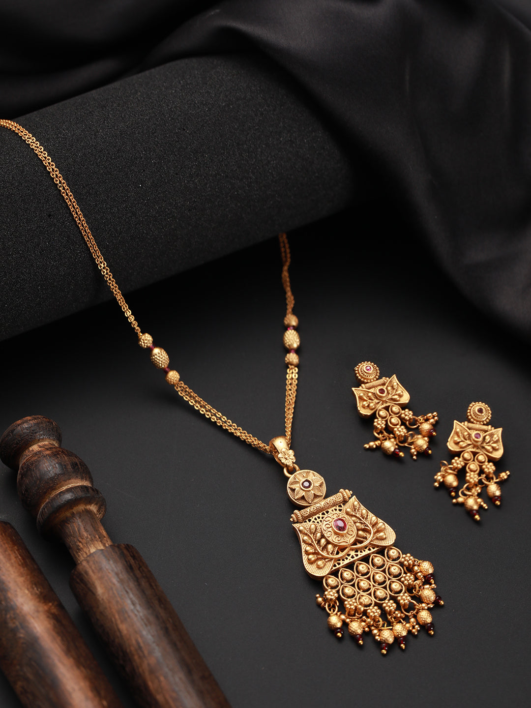 24K Gold-Plated Pink & Ruby Studded Handcrafted Filigree Jewellery Set - Jazzandsizzle