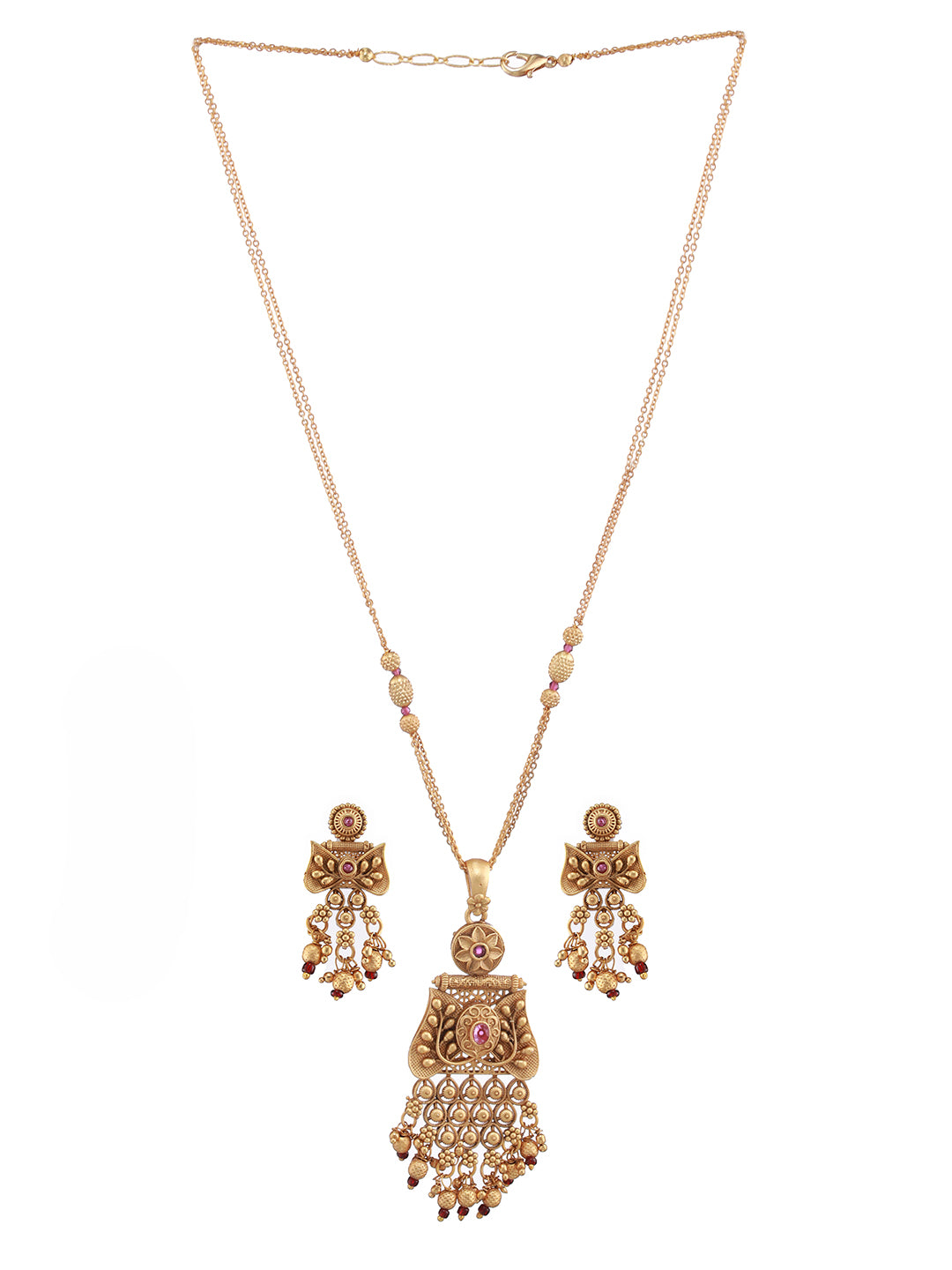24K Gold-Plated Pink & Ruby Studded Handcrafted Filigree Jewellery Set