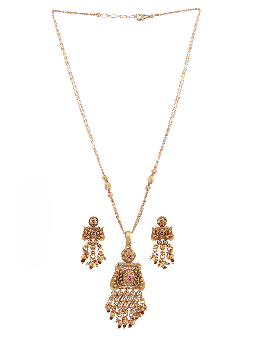 24K Gold-Plated Pink & Ruby Studded Handcrafted Filigree Jewellery Set - Jazzandsizzle