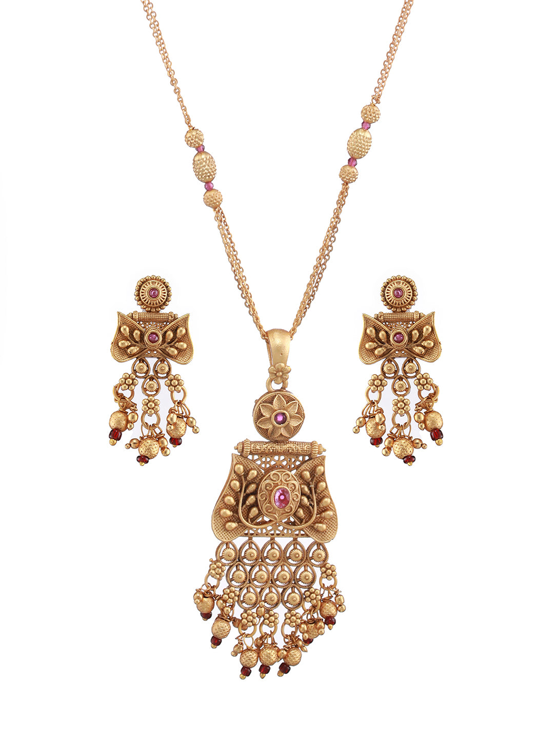 24K Gold-Plated Pink & Ruby Studded Handcrafted Filigree Jewellery Set - Jazzandsizzle