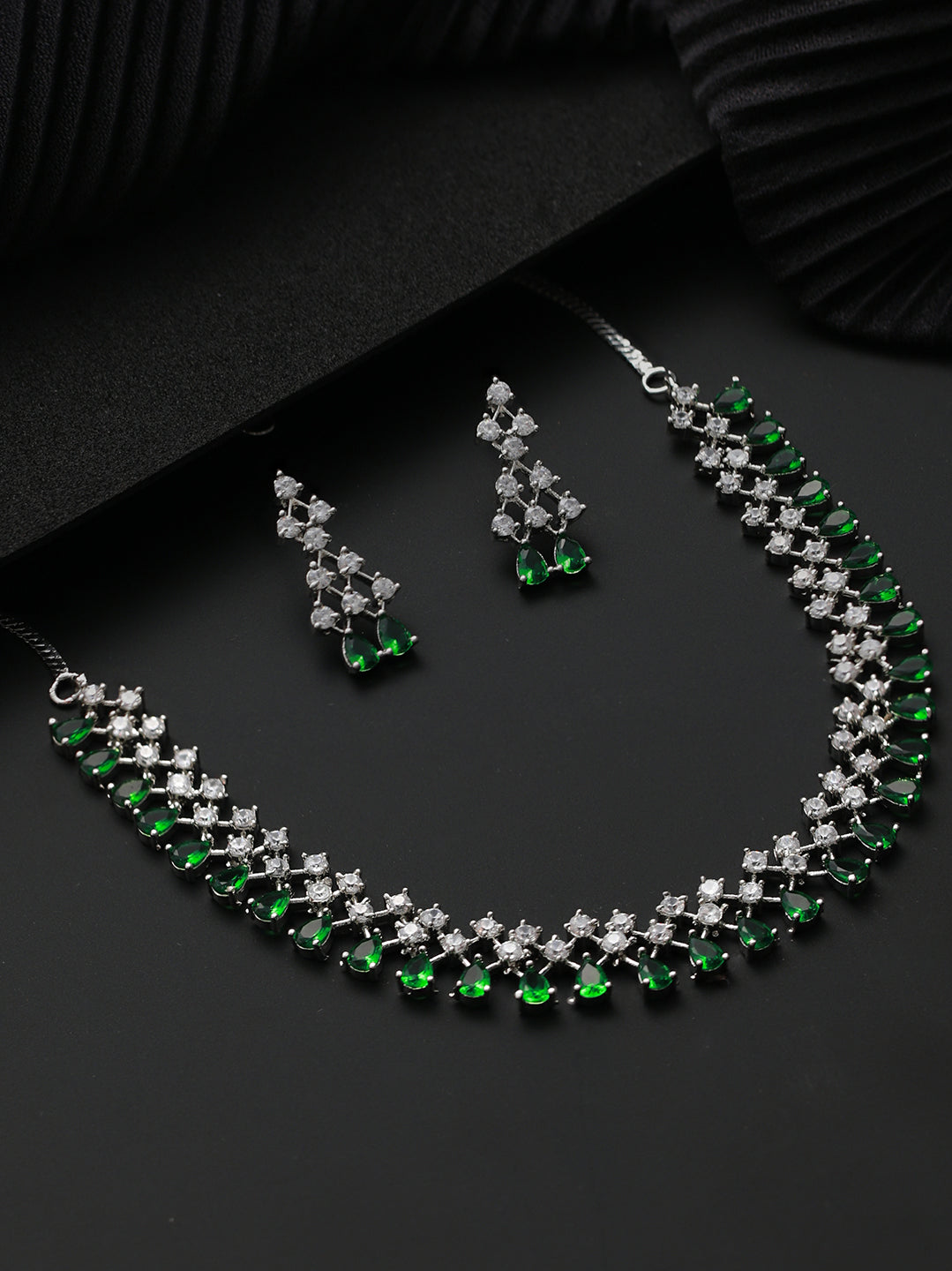 Silver-Plated Green American Diamond Studded Jewellery Set - Jazzandsizzle