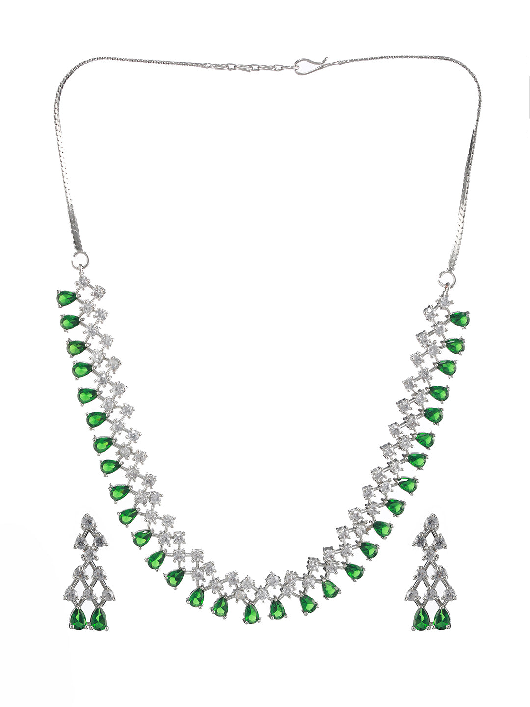 Silver-Plated Green American Diamond Studded Jewellery Set - Jazzandsizzle