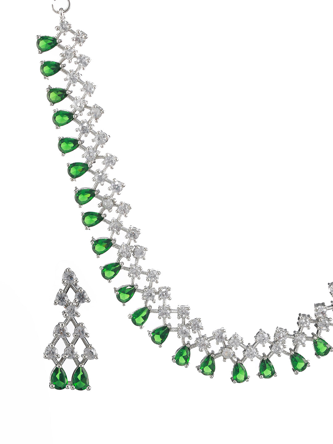 Silver-Plated Green American Diamond Studded Jewellery Set - Jazzandsizzle