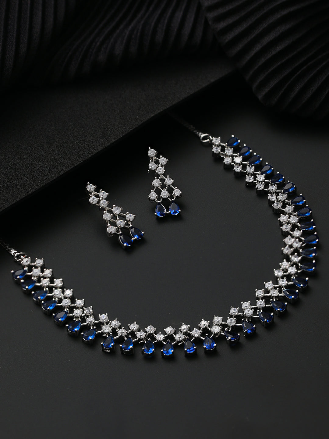 Silver-Plated Blue American Diamond Studded Jewellery Set - Jazzandsizzle
